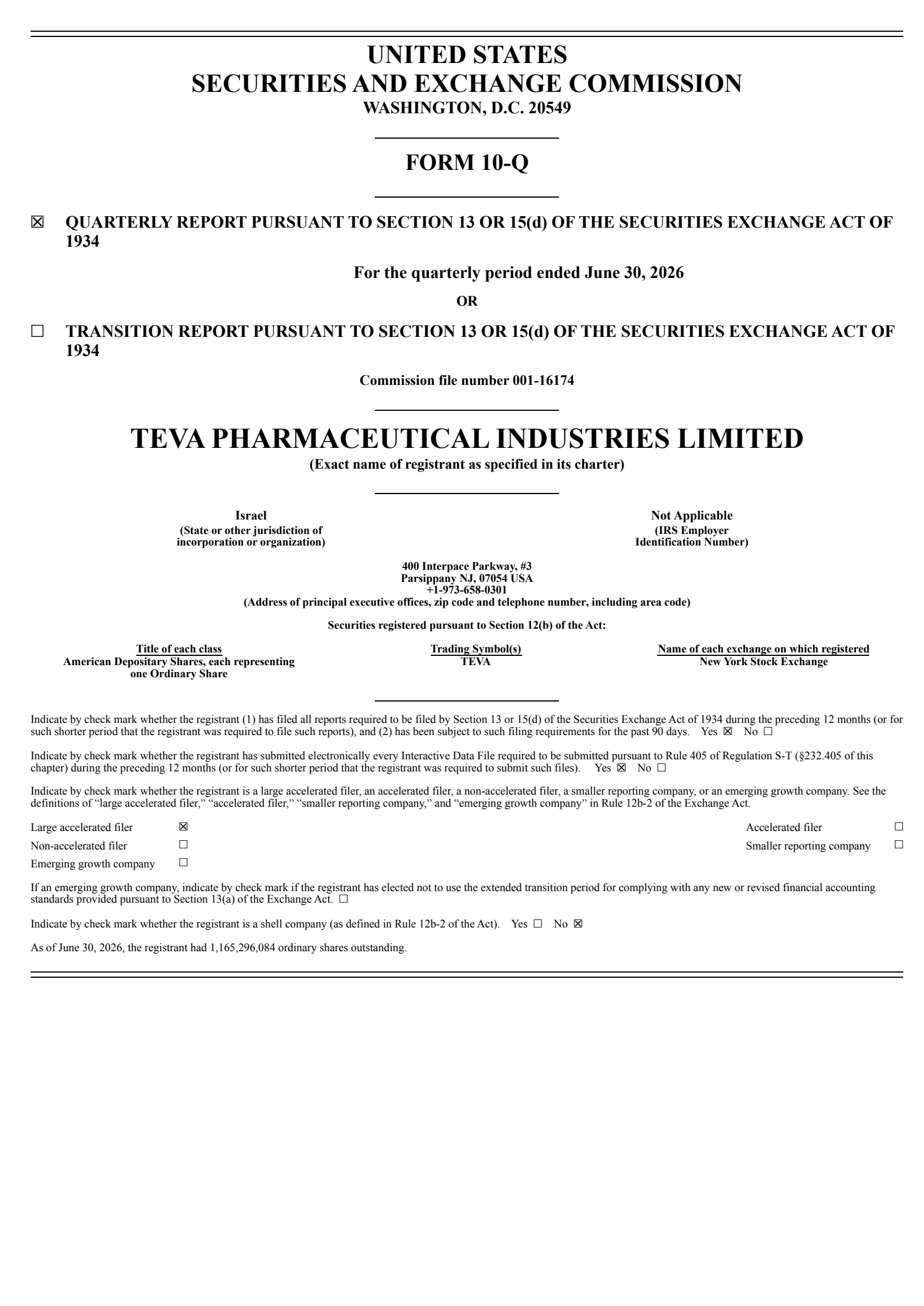 Teva Pharmaceutical Industries' Q2 2026 Quarterly report