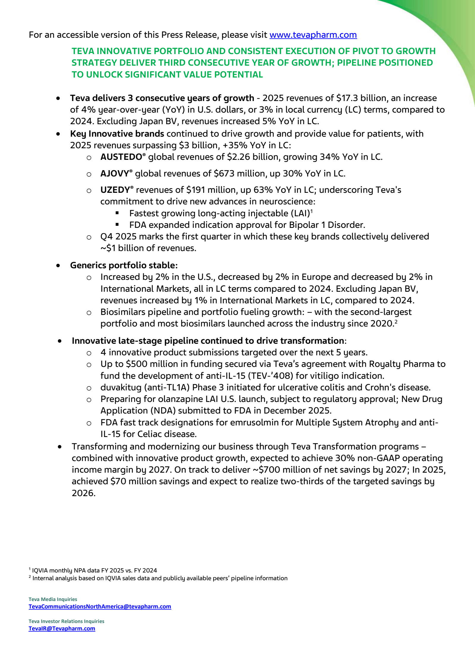Teva Pharmaceutical Industries' Q4 2025 Press Release