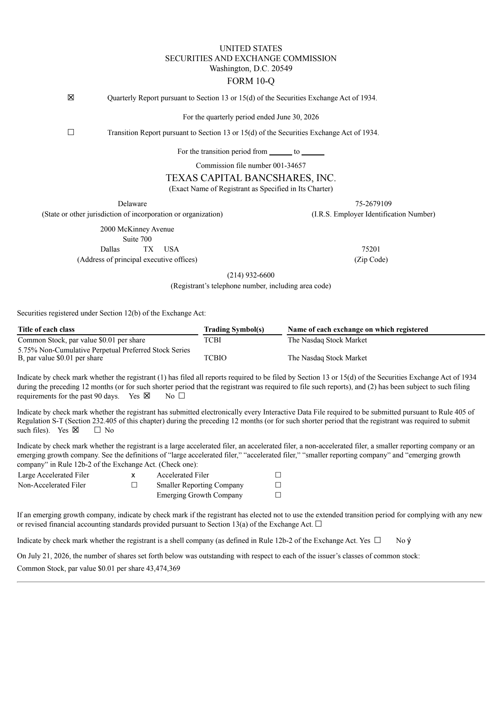 Texas Capital Bancshares' Q2 2026 Quarterly report