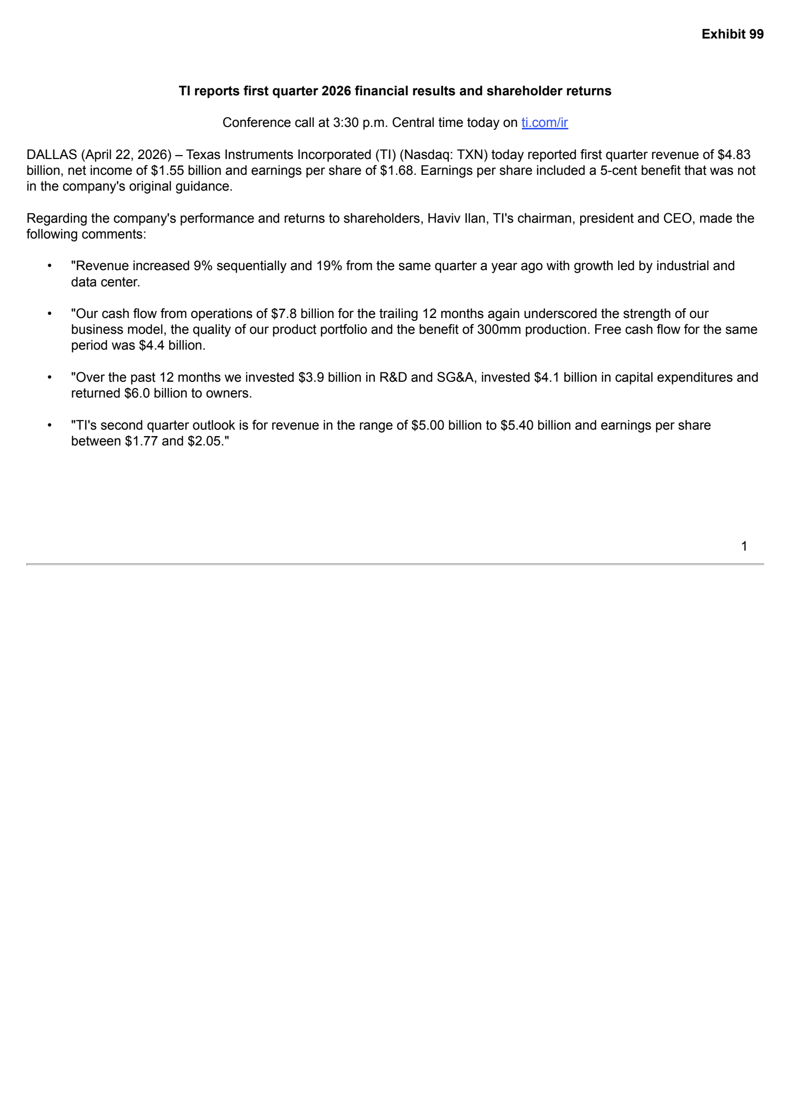Texas Instruments' Q1 2026 Press Release