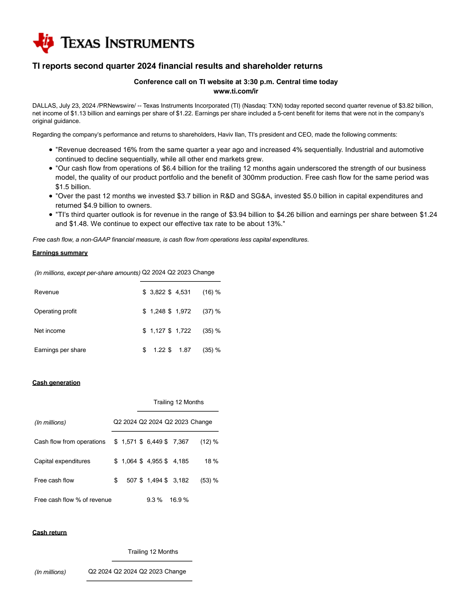 Texas Instruments' Q2 2024 Press Release