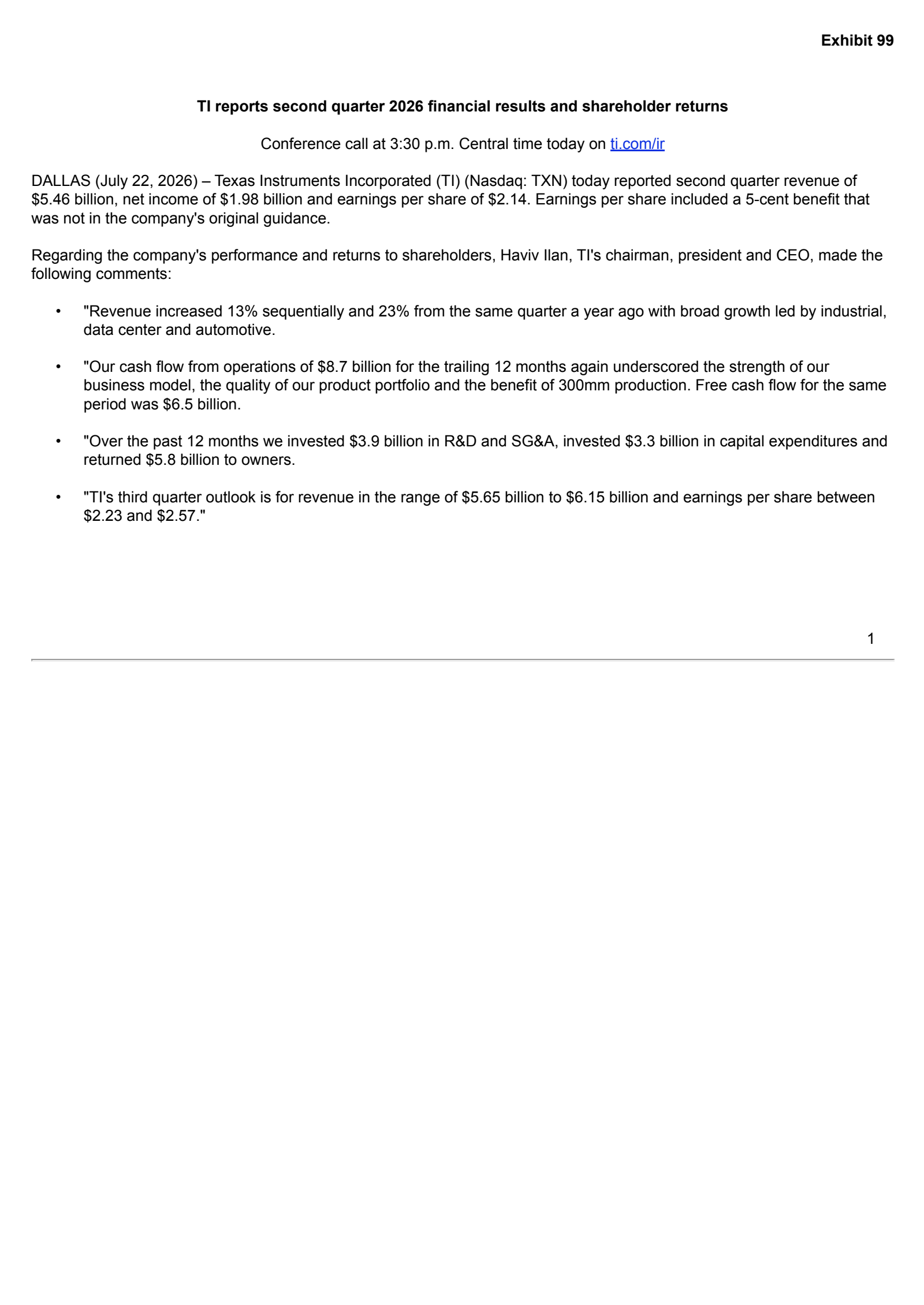 Texas Instruments' Q2 2026 Press Release