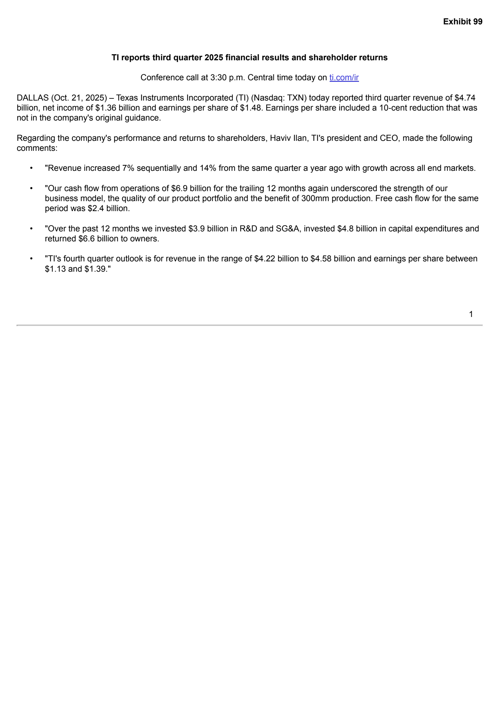 Texas Instruments' Q3 2025 Earnings Release