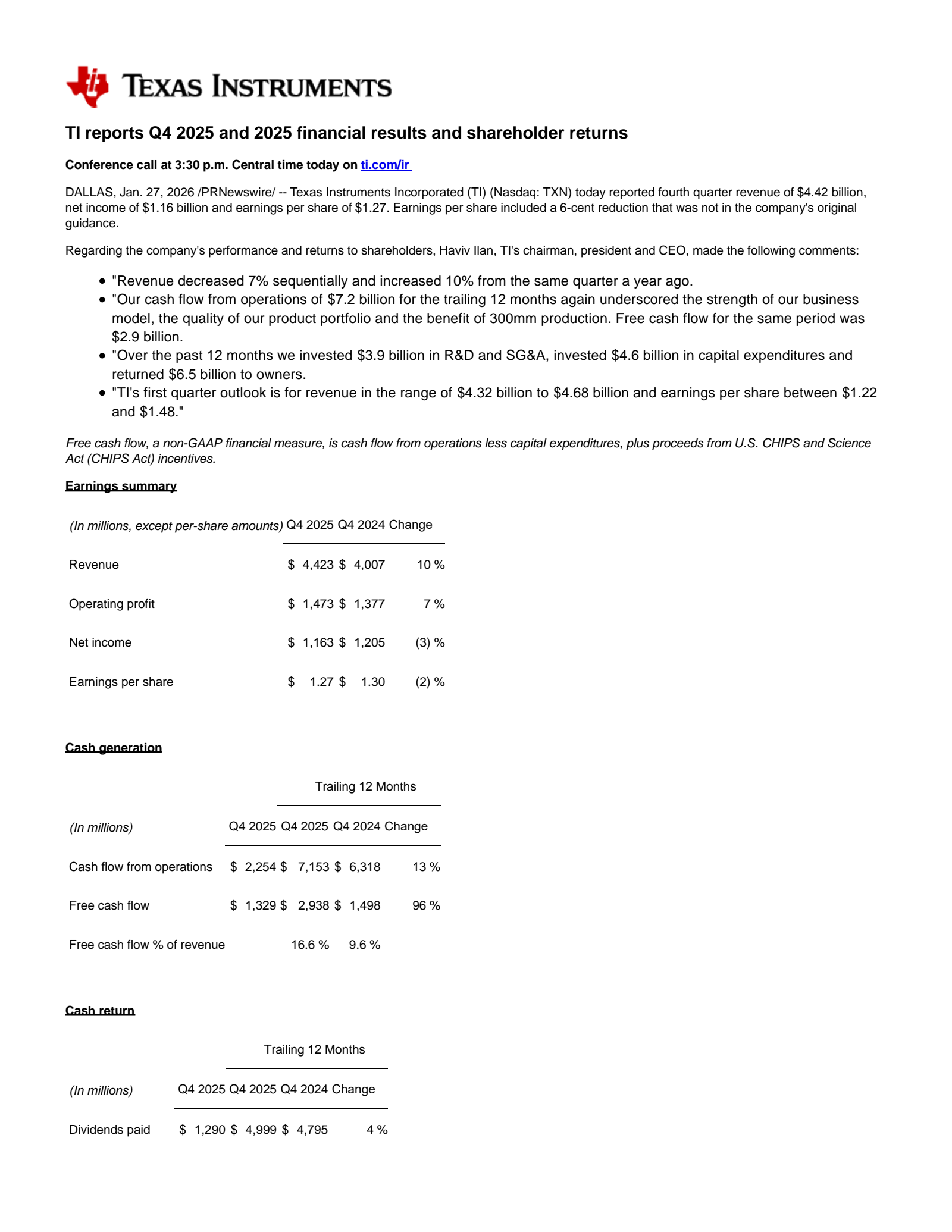 Texas Instruments' Q4 2025 Press Release