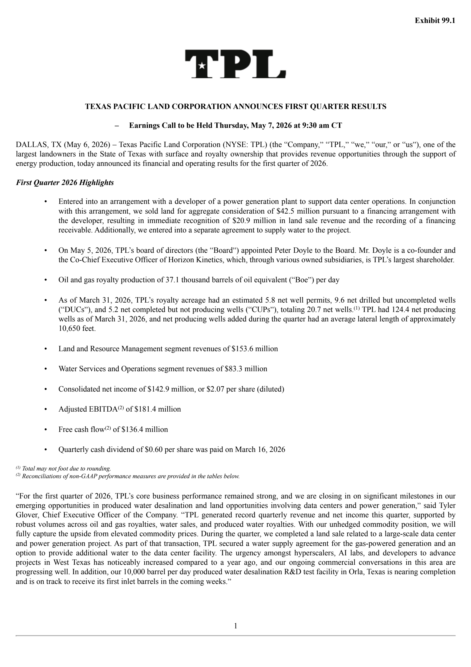 Texas Pacific Land's Q1 2026 Press Release