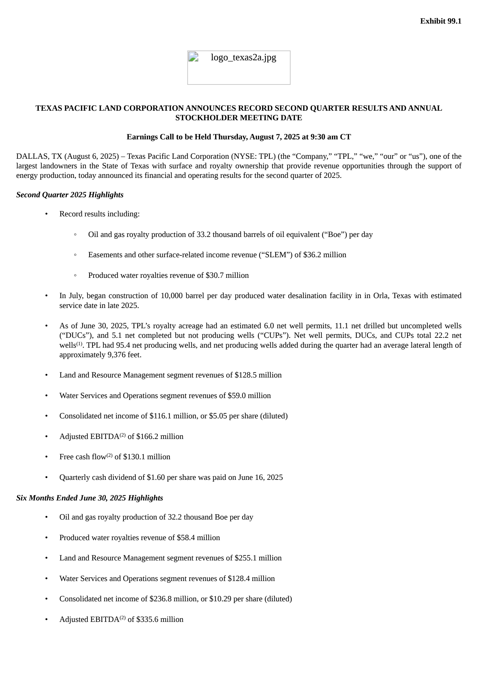 Texas Pacific Land's Q2 2025 Press Release