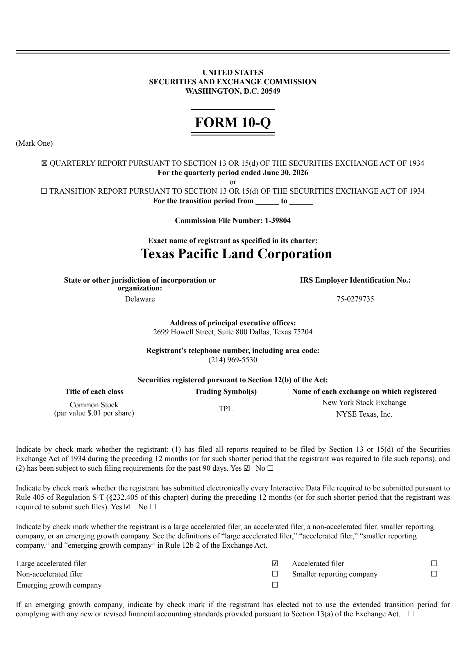 Texas Pacific Land's Q2 2026 Quarterly report