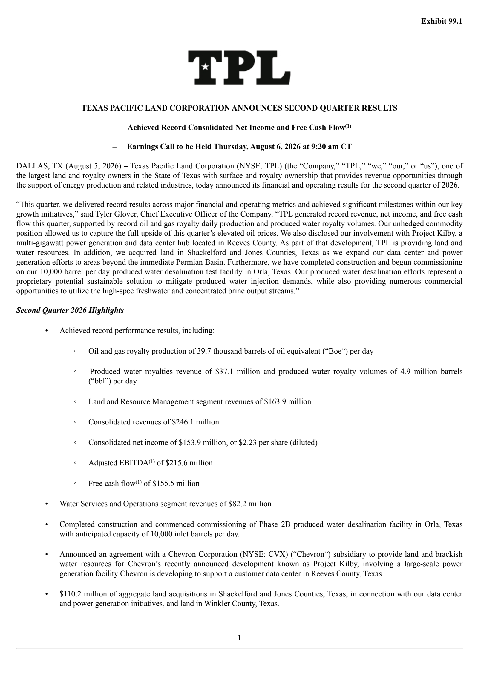 Texas Pacific Land's Q2 2026 Press Release