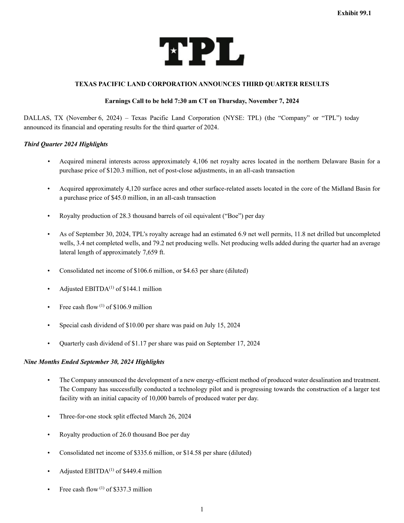 Texas Pacific Land's Q3 2024 Earnings Release