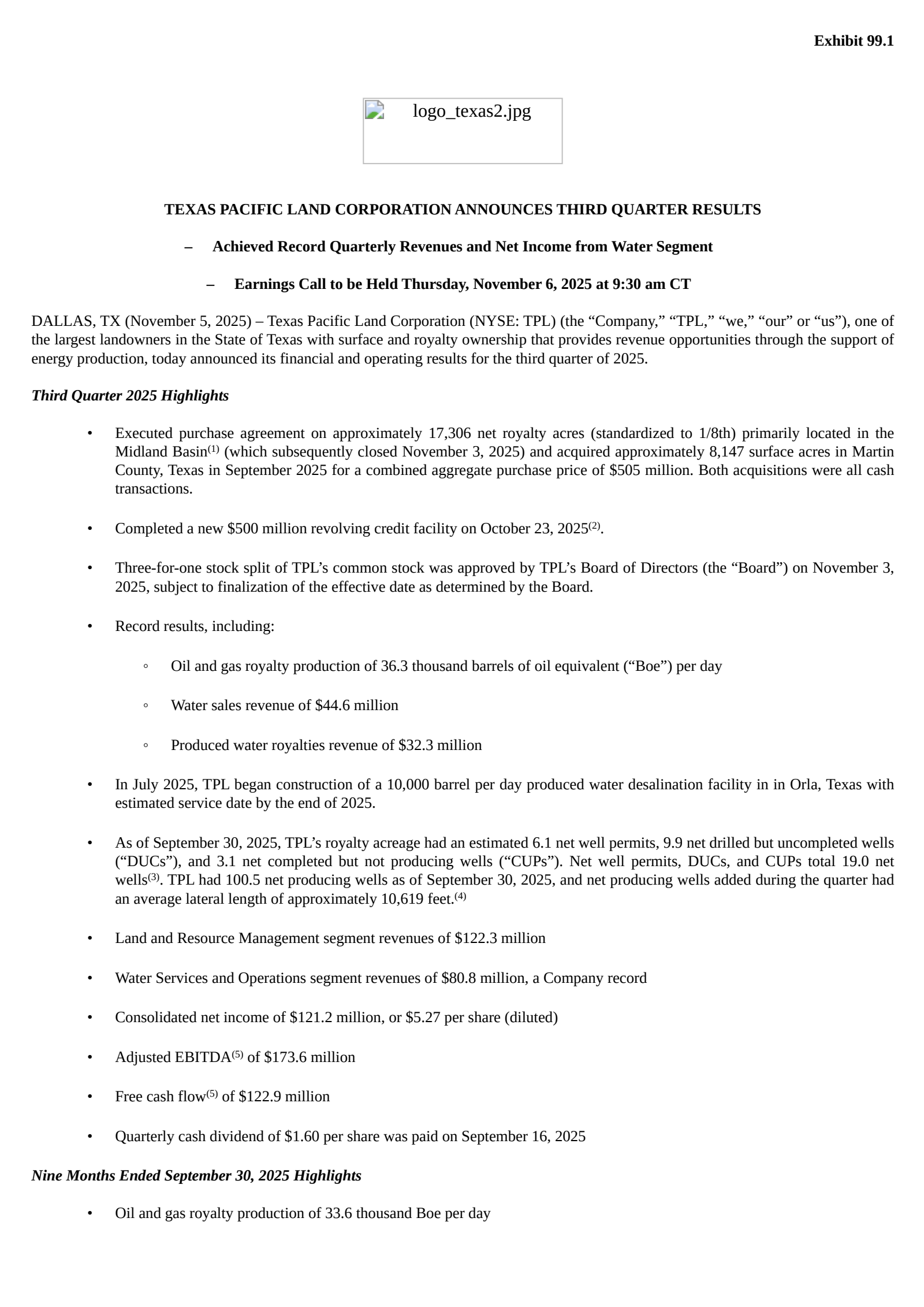 Texas Pacific Land's Q3 2025 Earnings Release