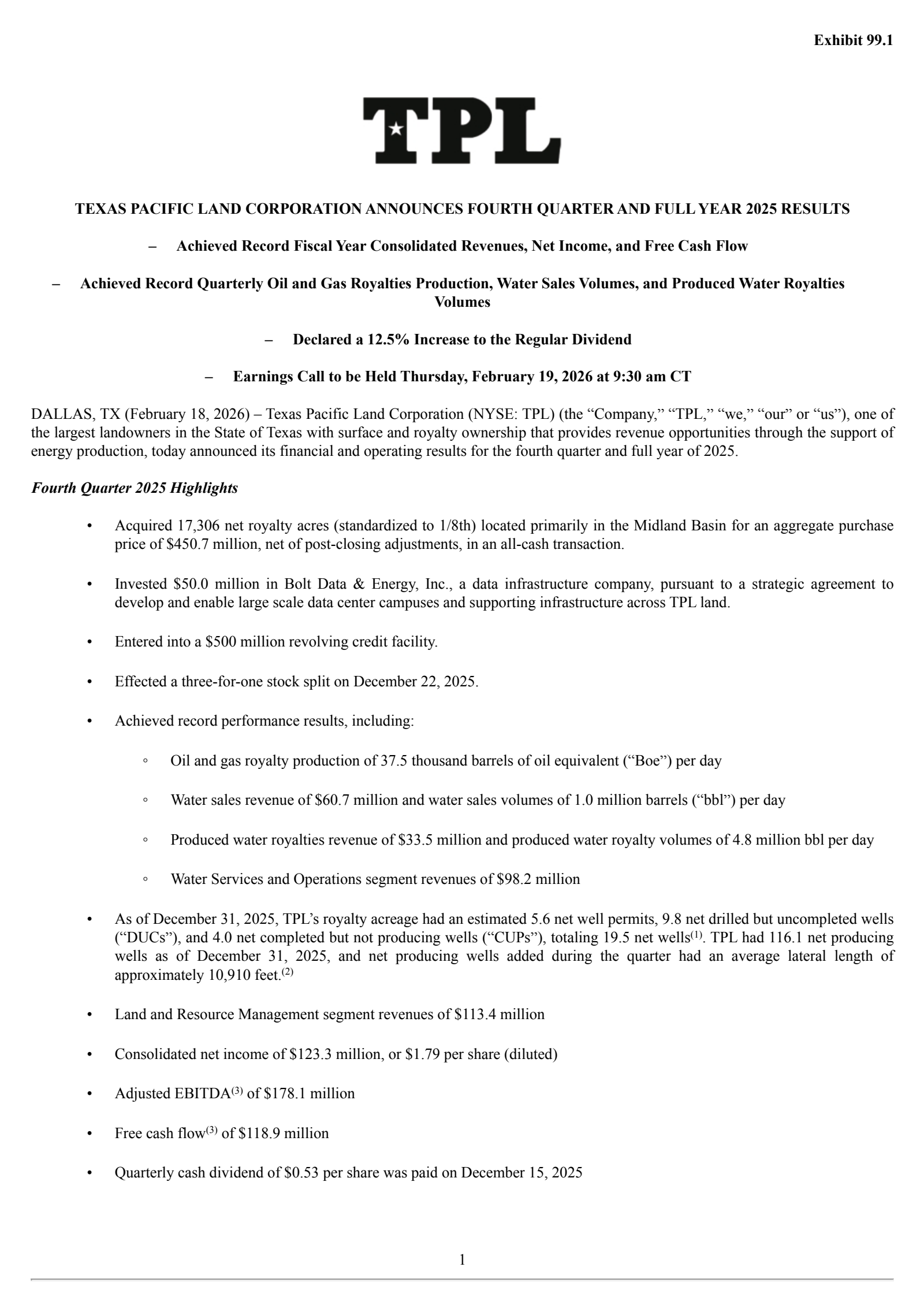 Texas Pacific Land's Q4 2025 Press Release