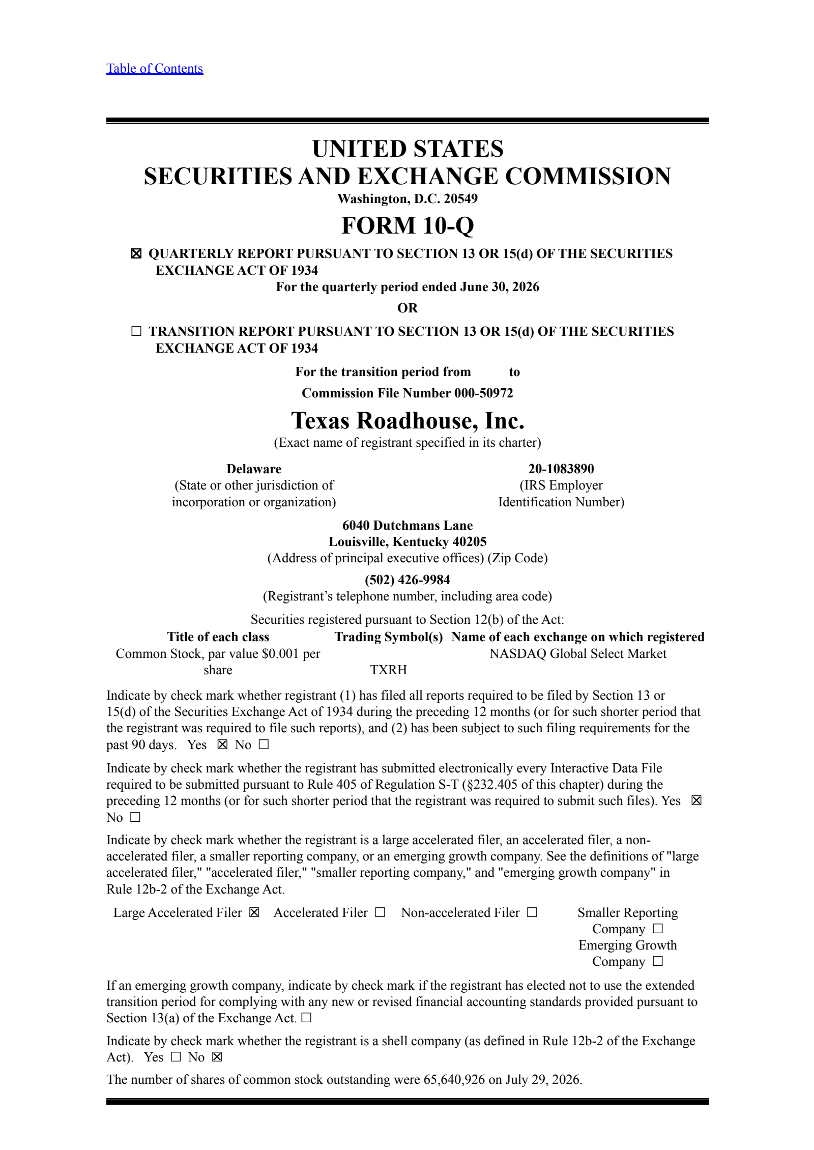 Texas Roadhouse's Q2 2026 Quarterly report