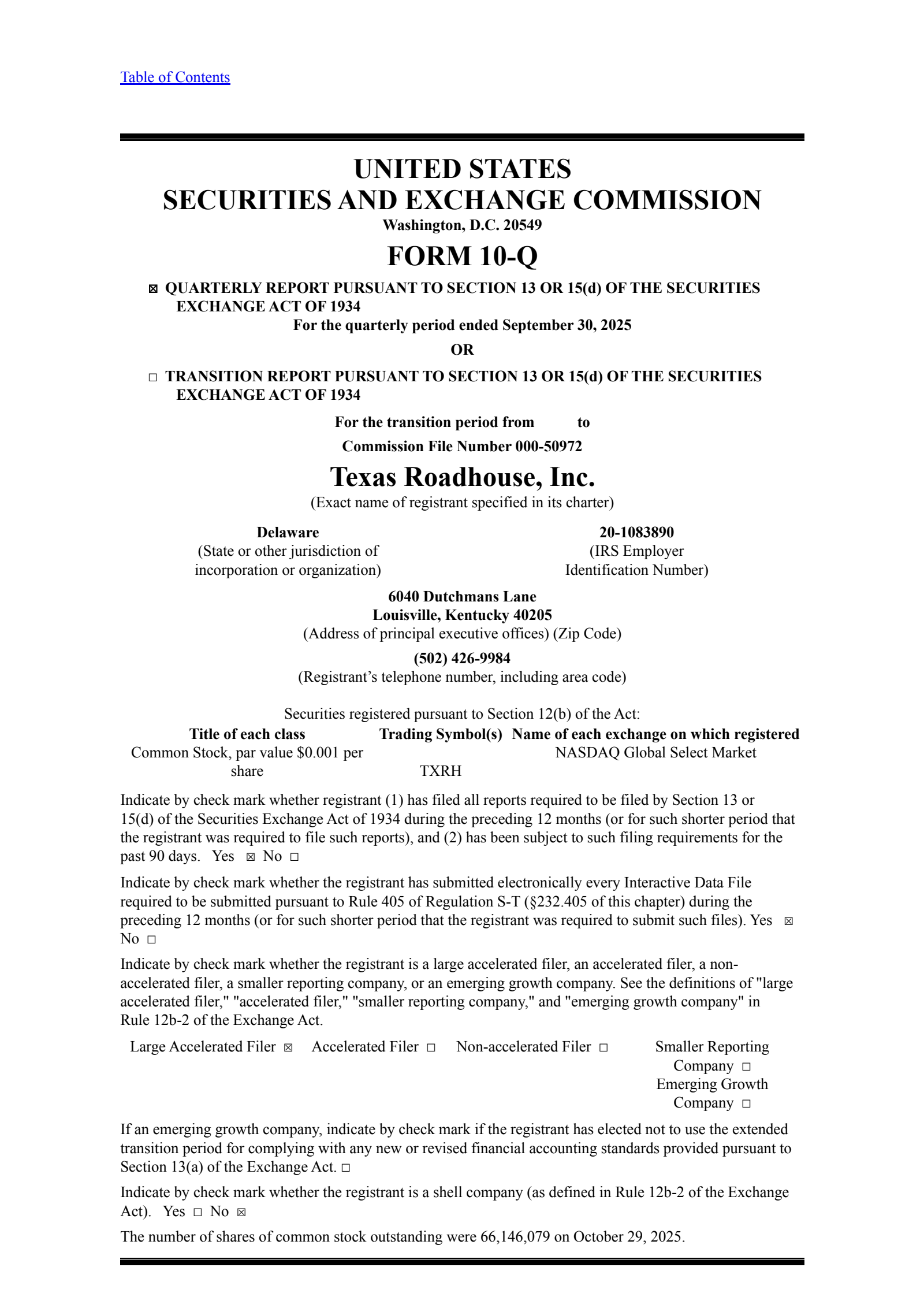 Texas Roadhouse's Q3 2025 Quarterly Report