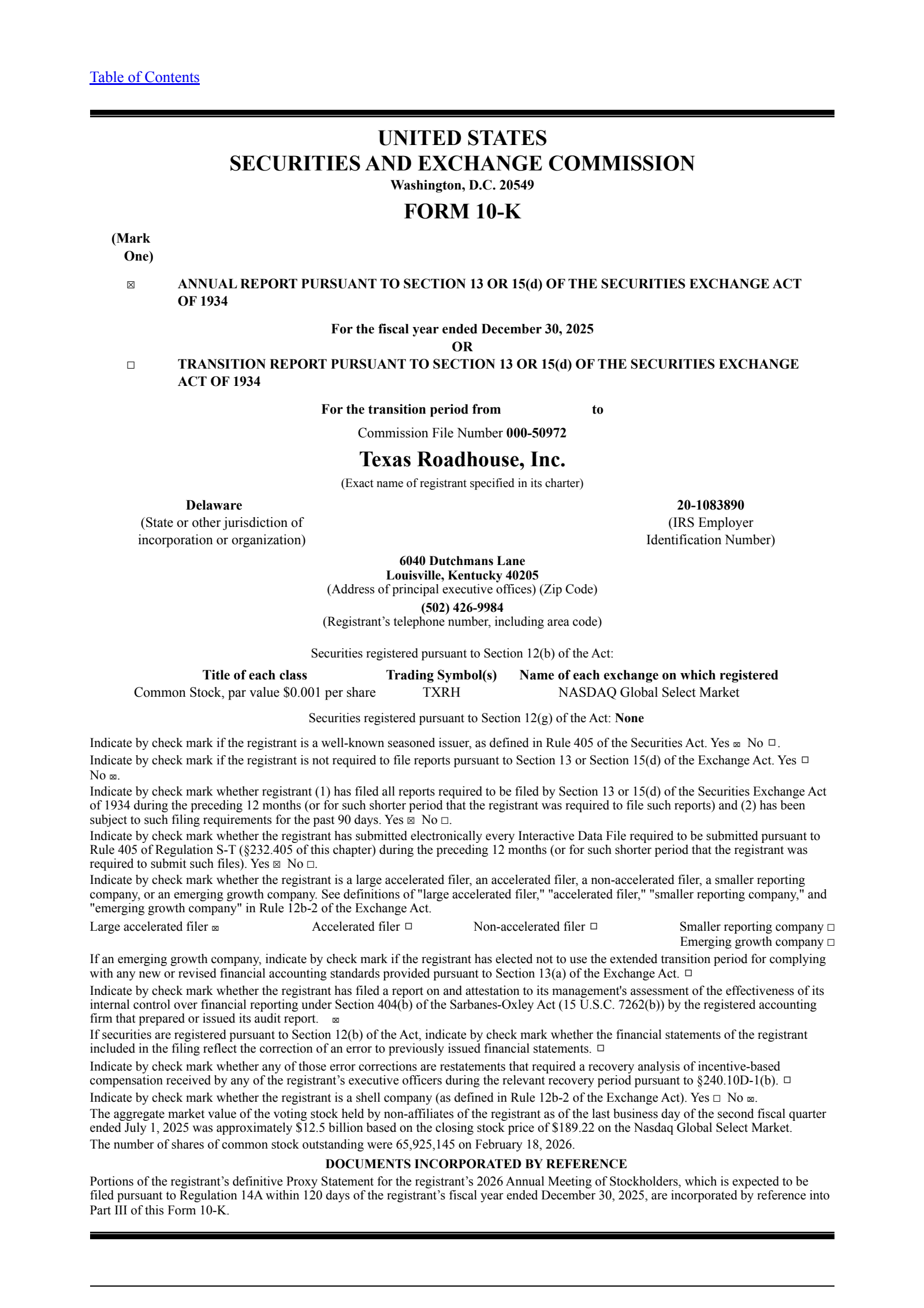 Texas Roadhouse's Q4 2025 Annual report