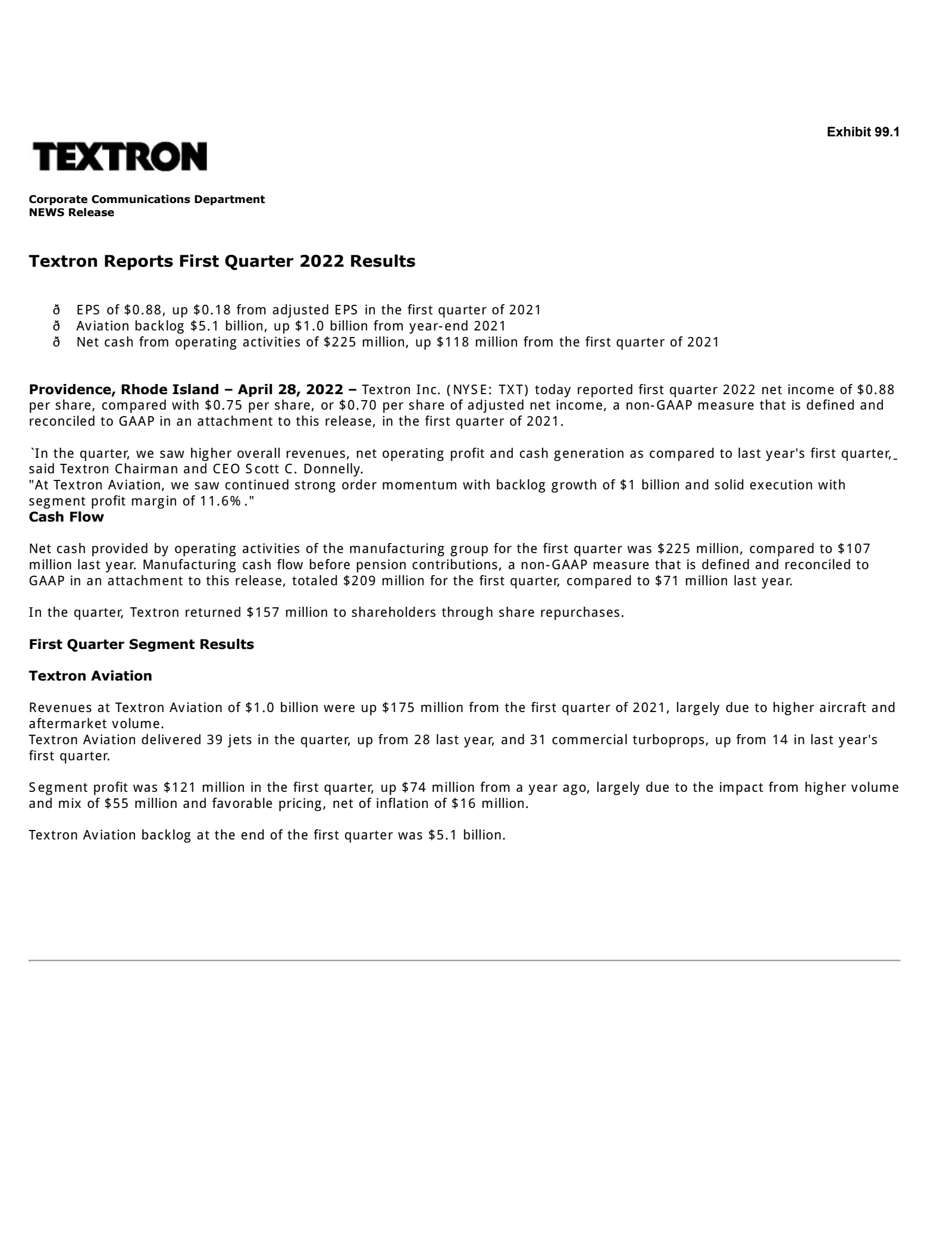 Textron's Q1 2022 Earnings Release