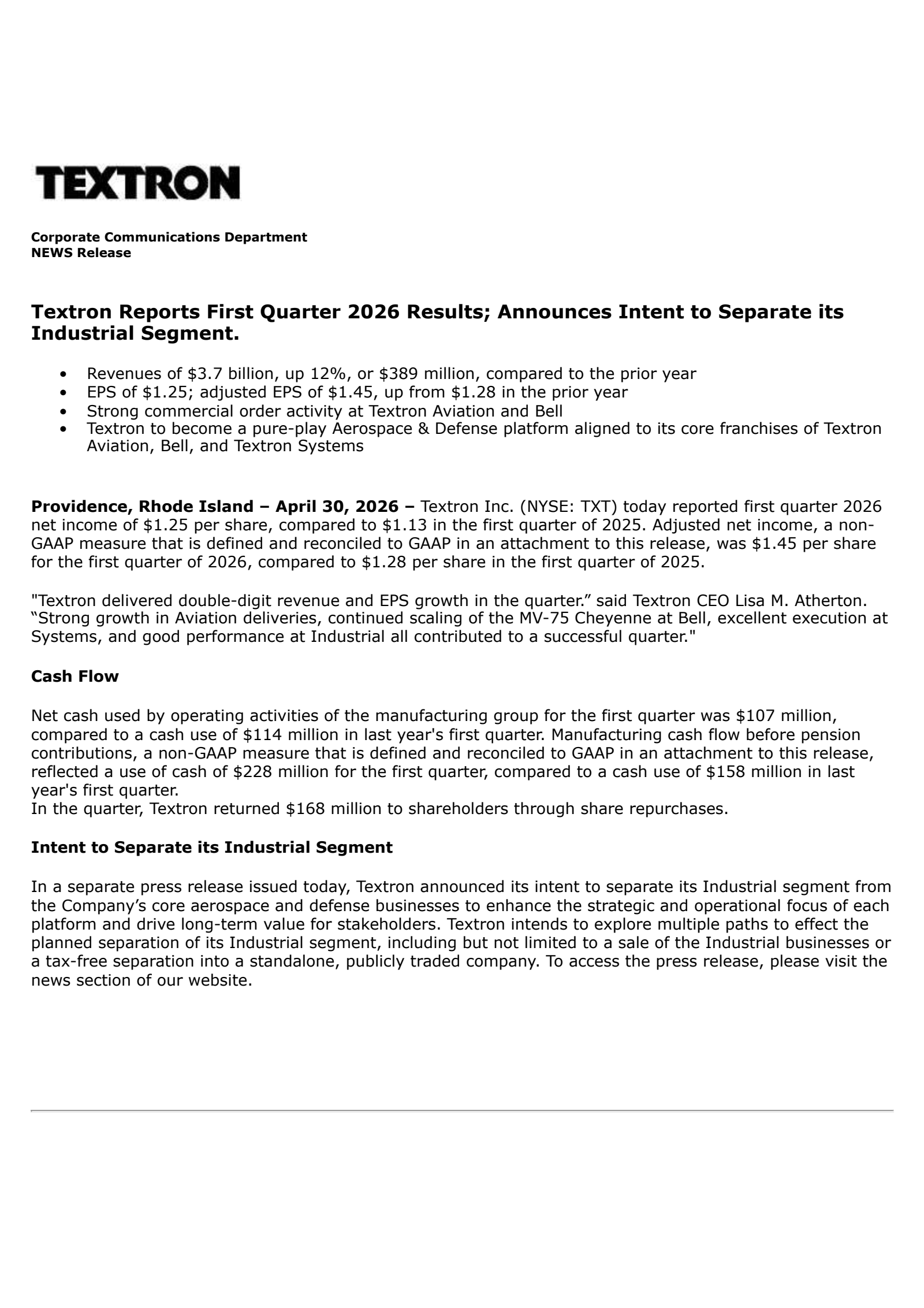 Textron's Q1 2026 Press Release