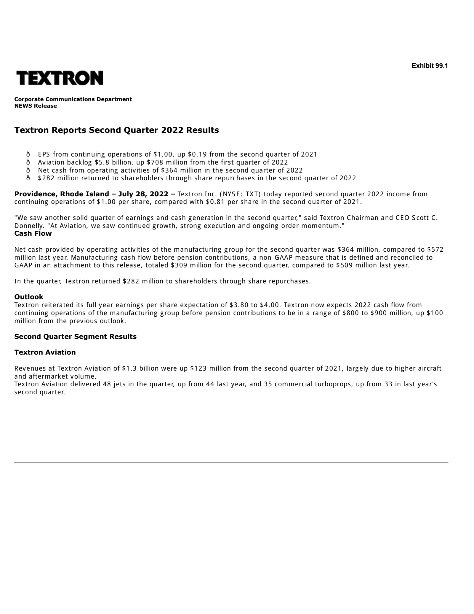 Textron's Q2 2022 Earnings Release