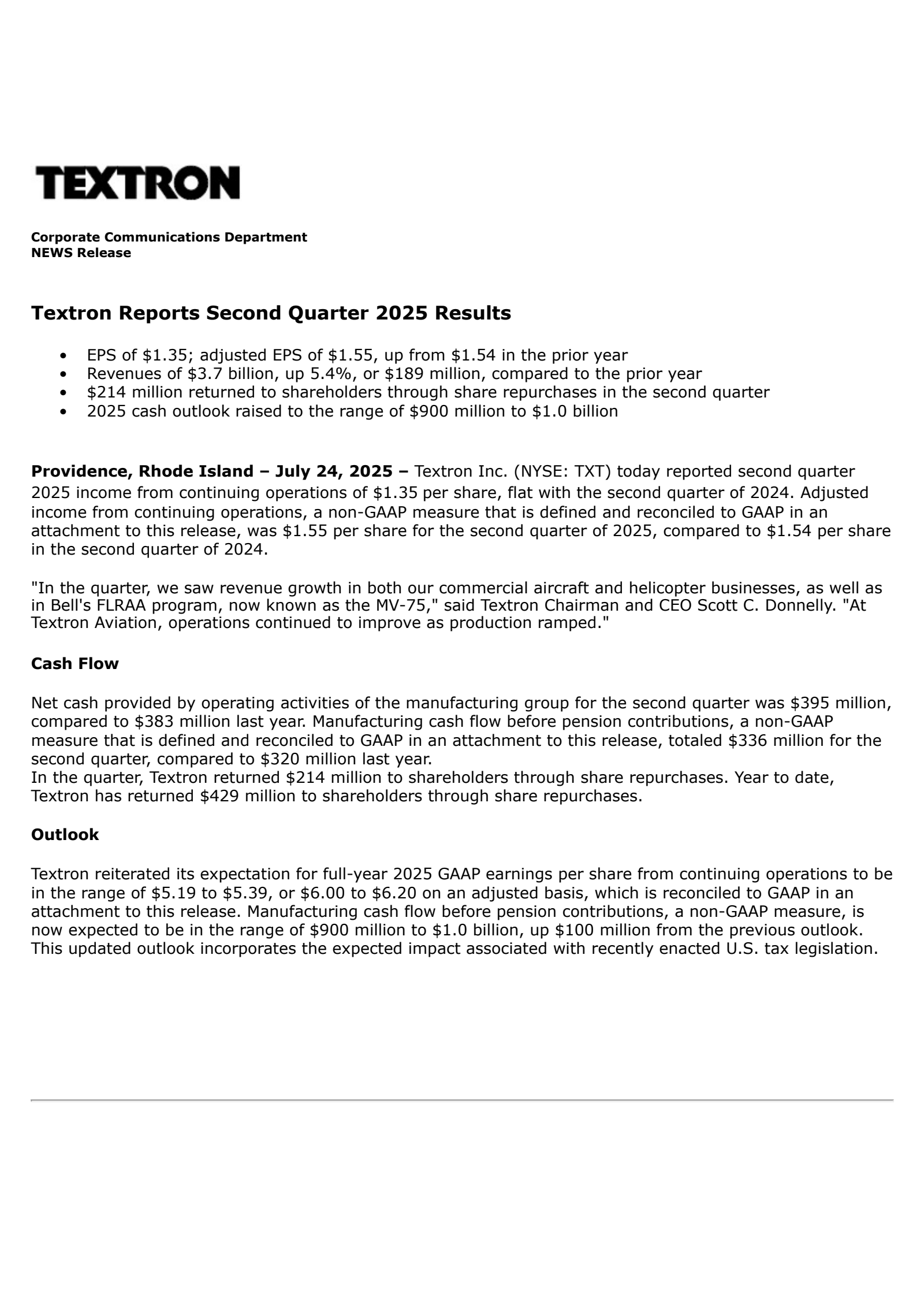Textron's Q2 2025 Press Release