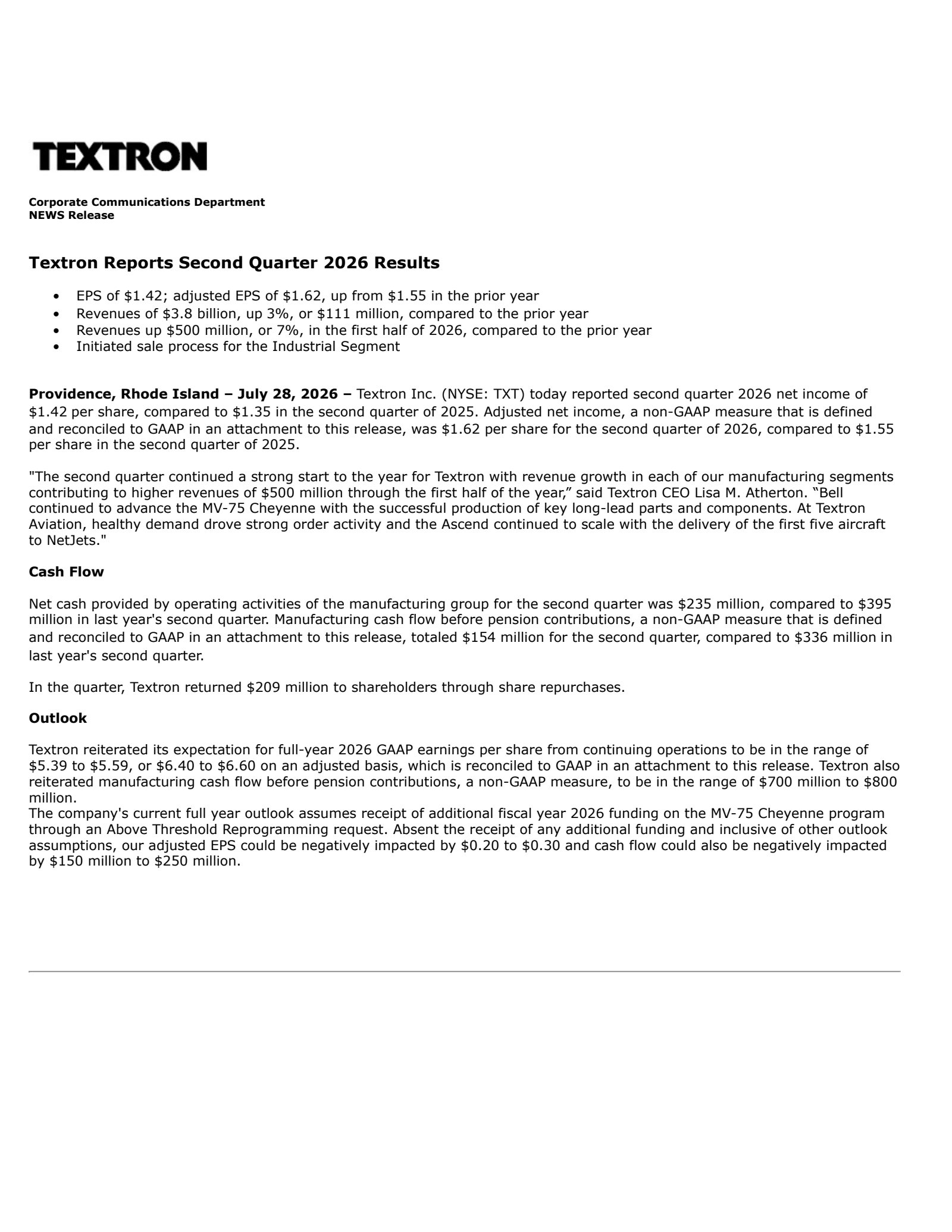 Textron's Q2 2026 Press Release