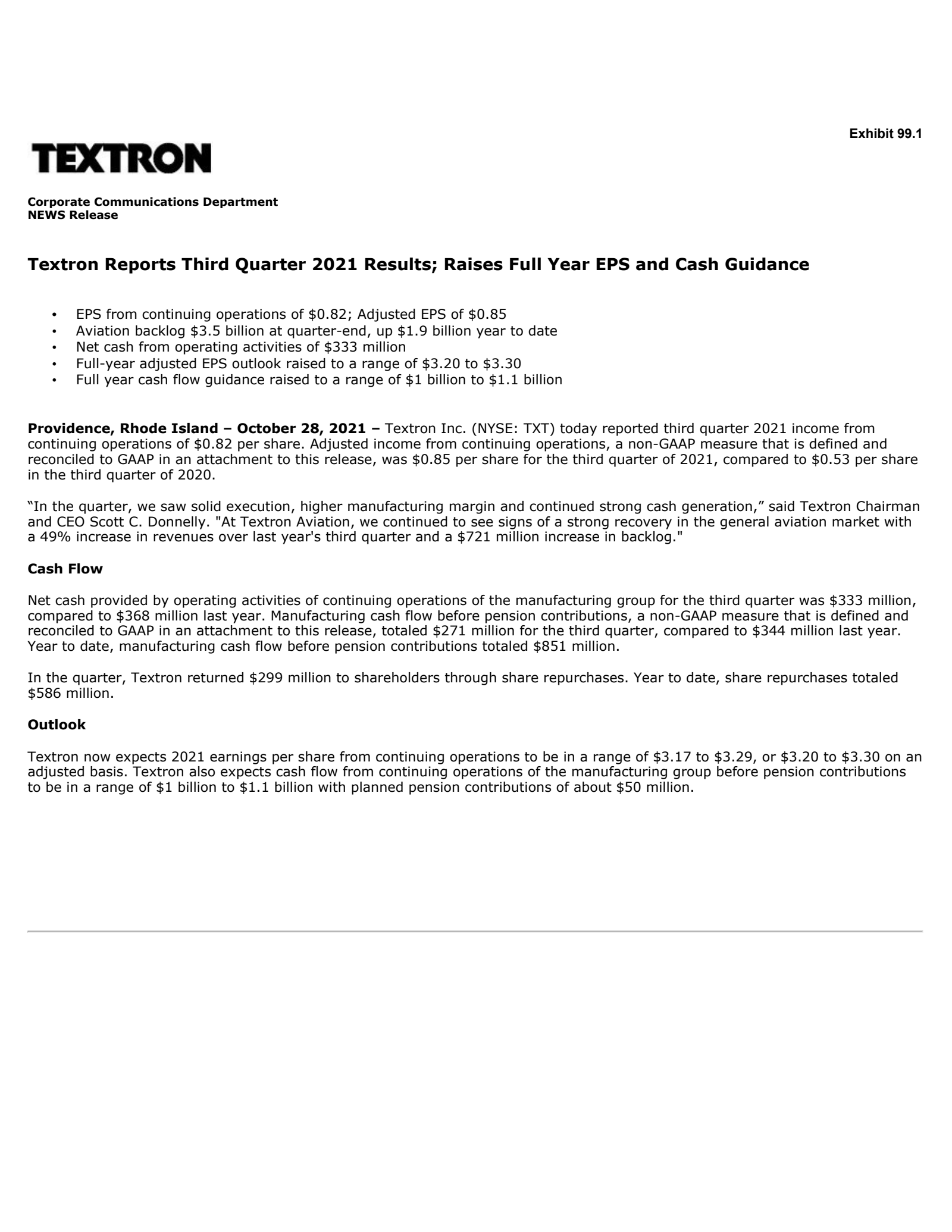 Textron's Q3 2021 Earnings Release