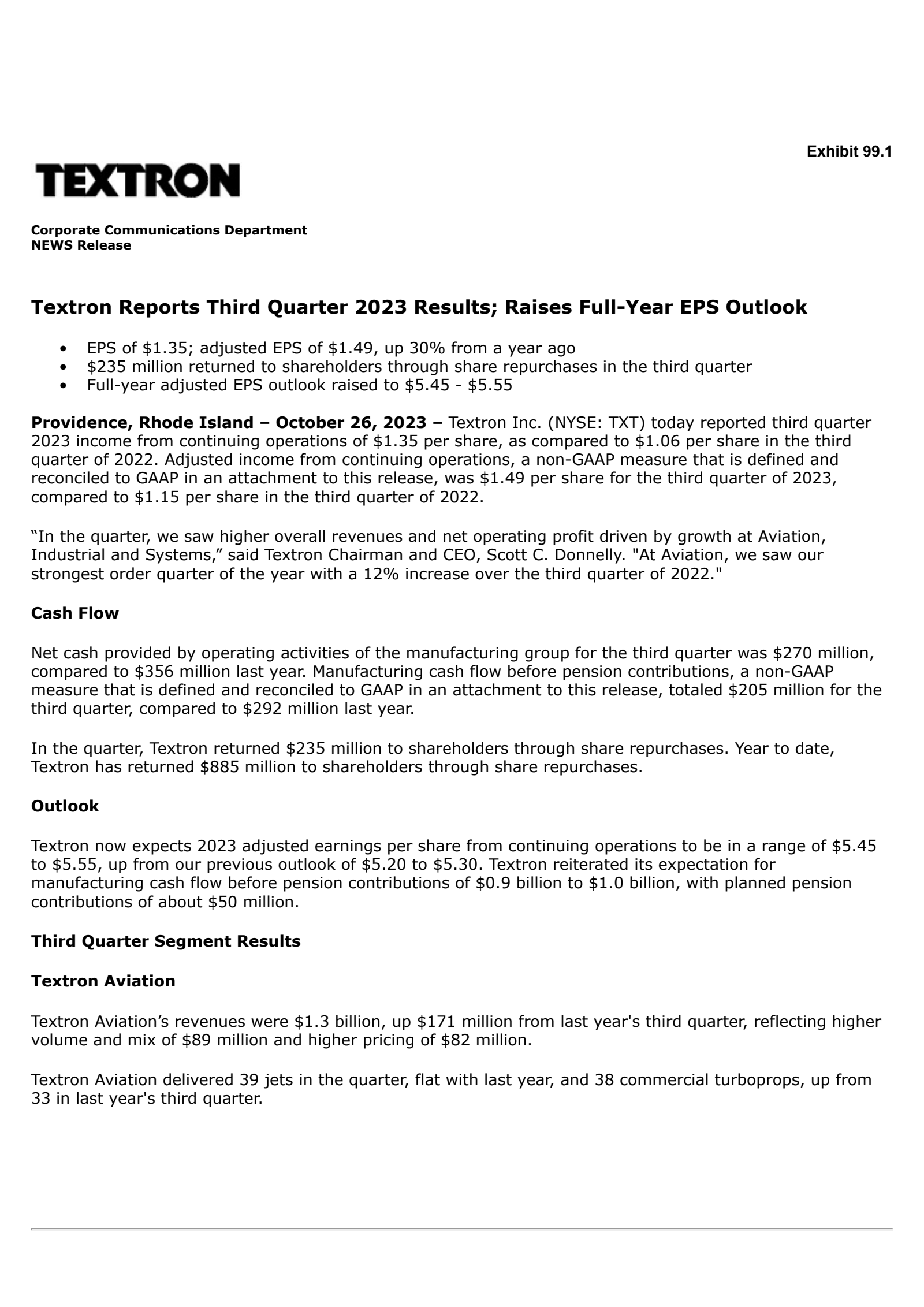 Textron's Q3 2023 Press Release