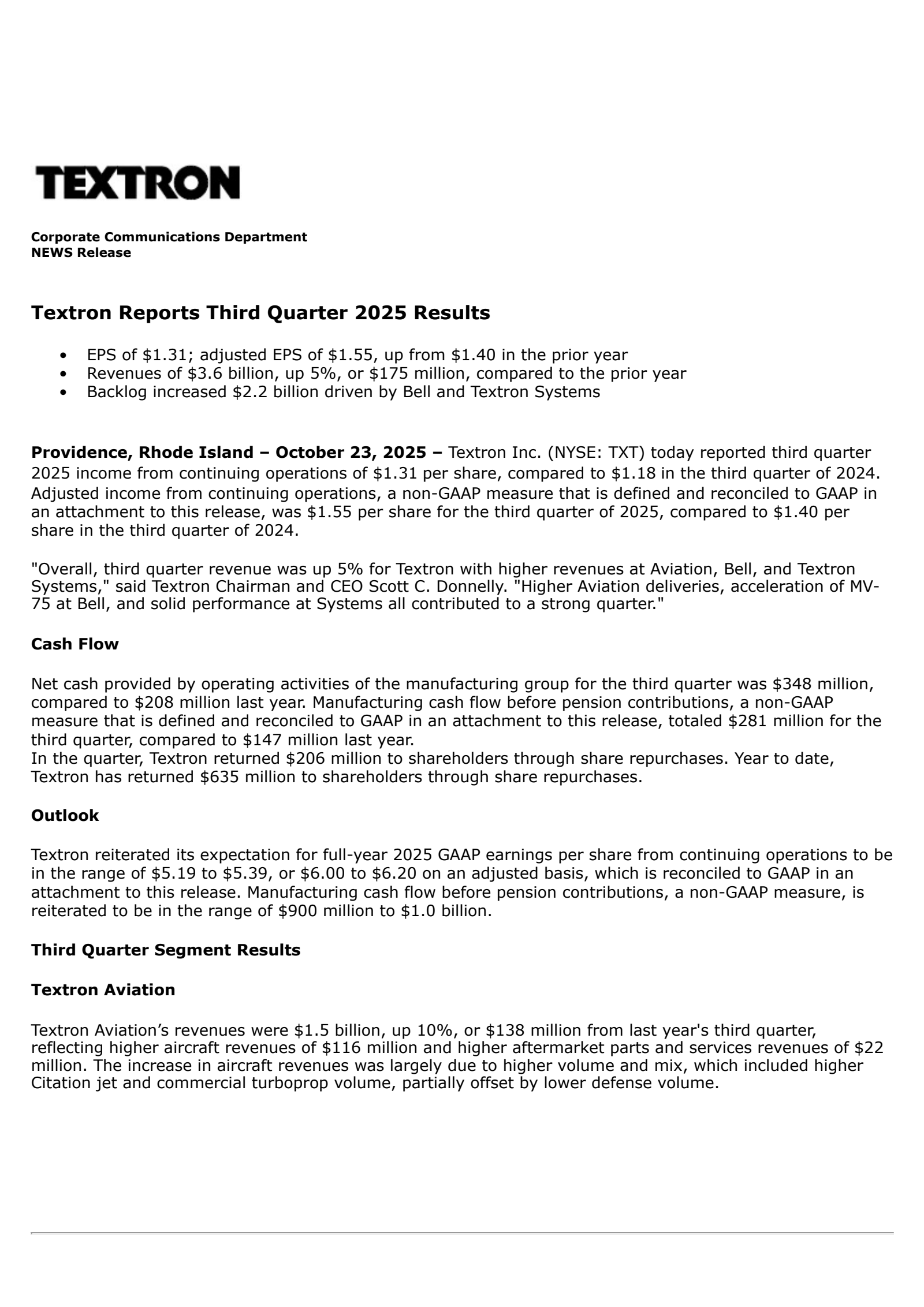 Textron's Q3 2025 Earnings Release