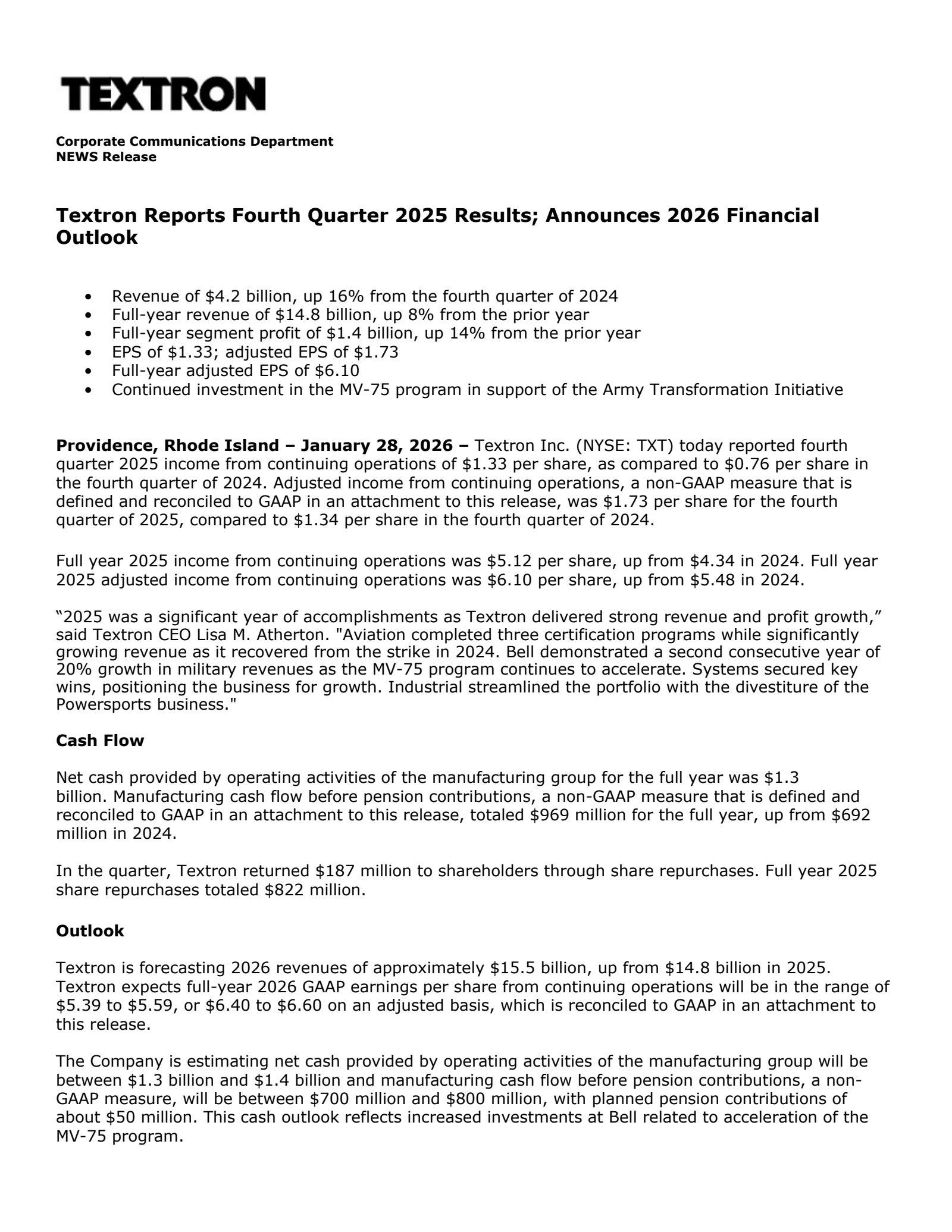 Textron's Q4 2025 Press Release