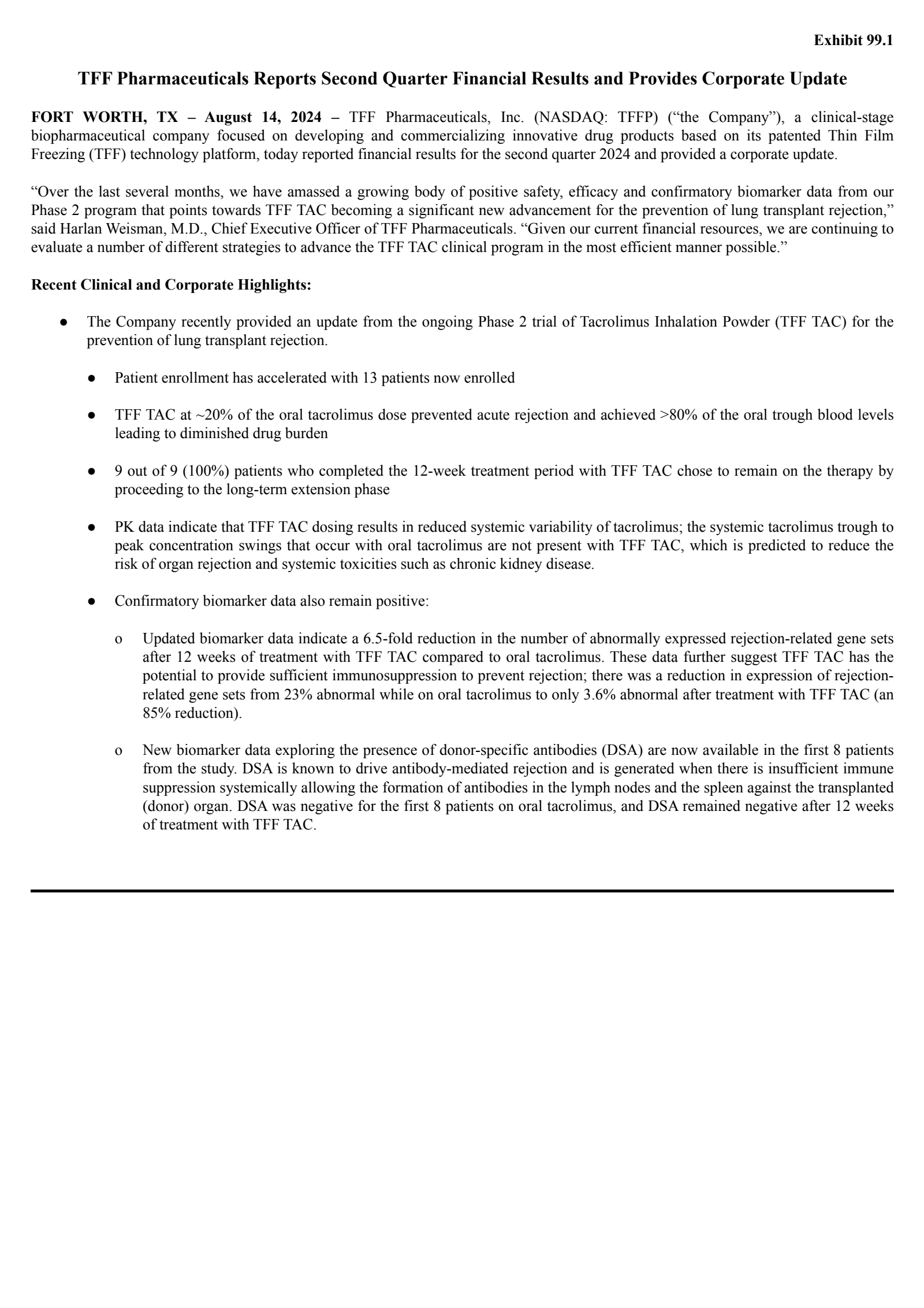 TFF Pharmaceuticals' Q2 2024 Press Release