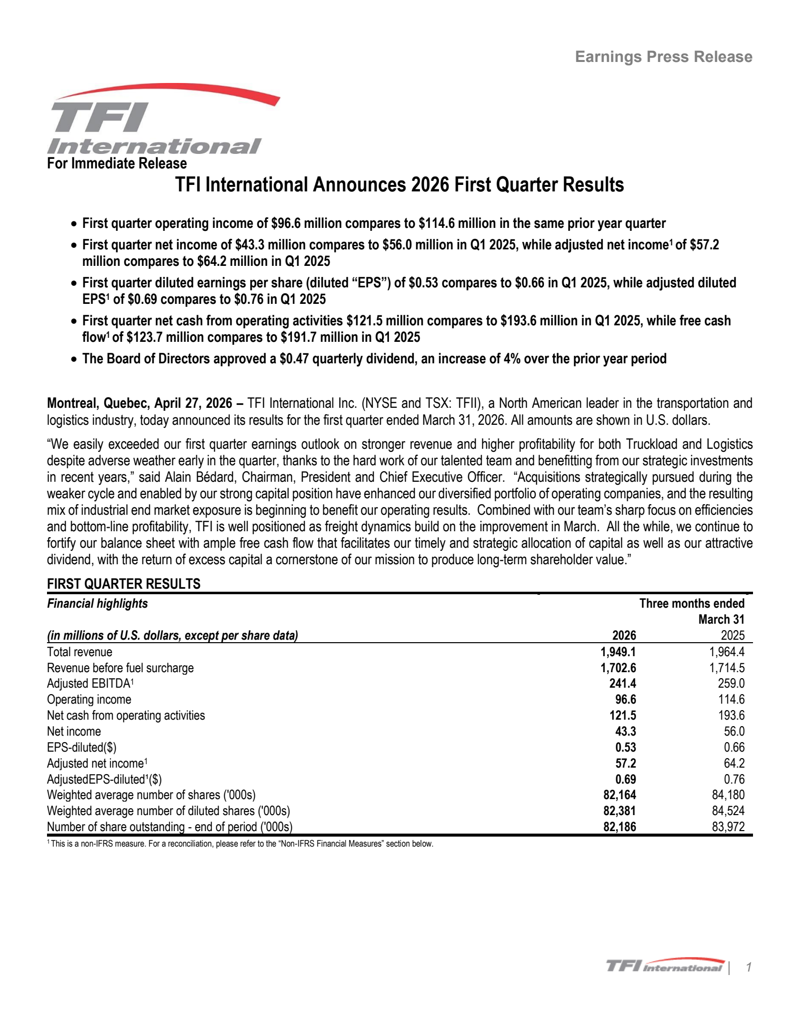 TFI International's Q1 2026 Press Release
