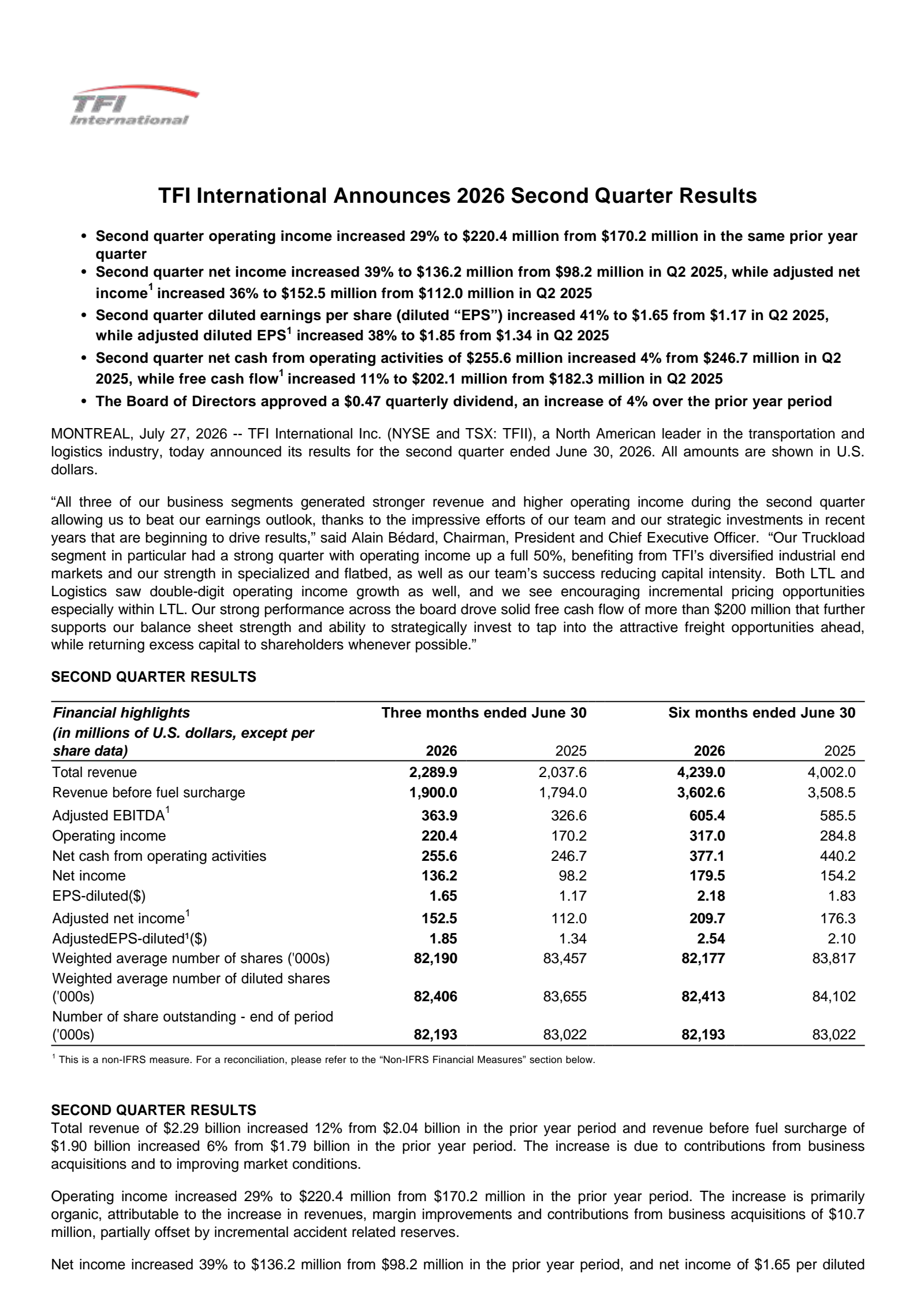 TFI International's Q2 2026 Press Release