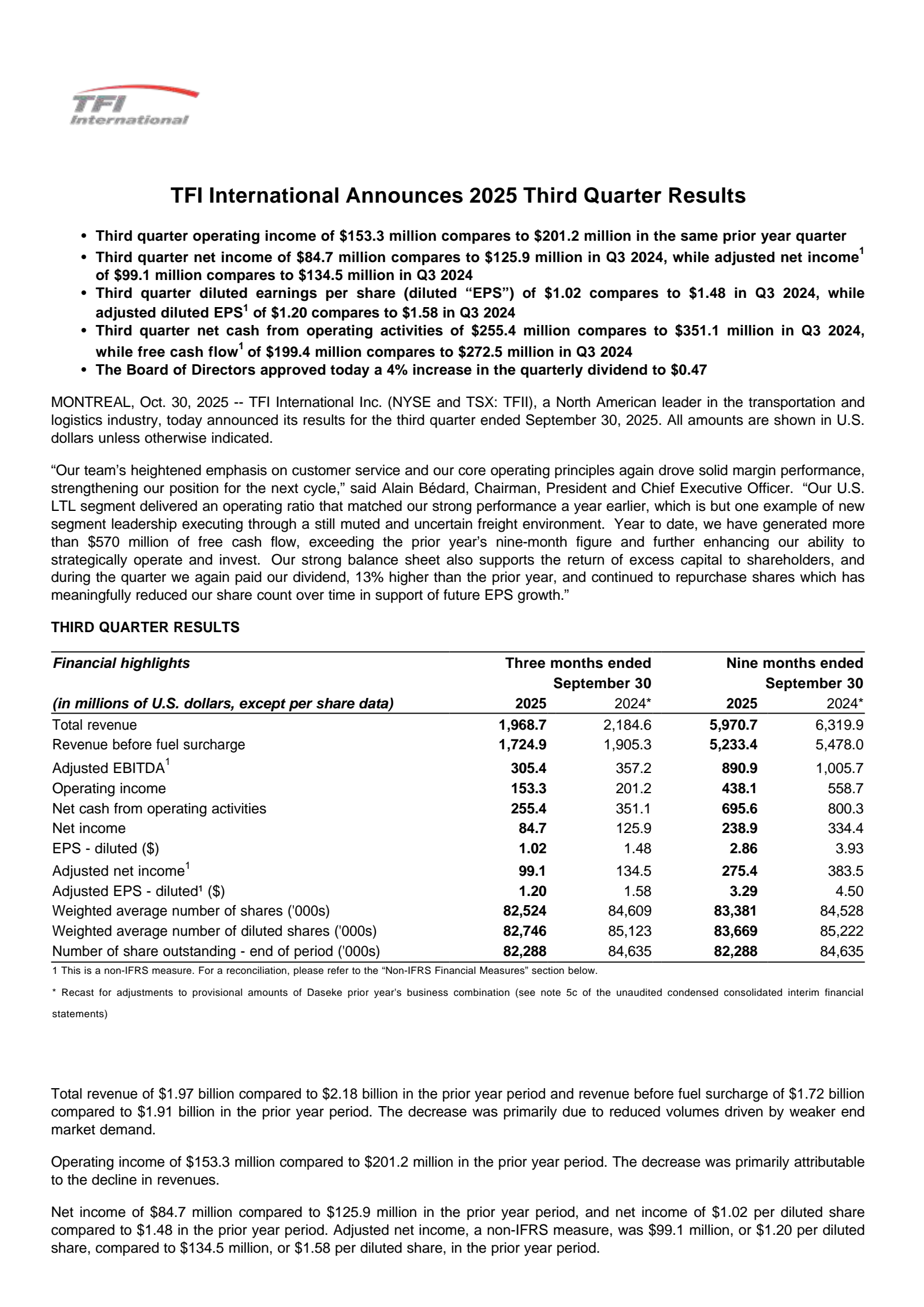 TFI International's Q3 2025 Press Release