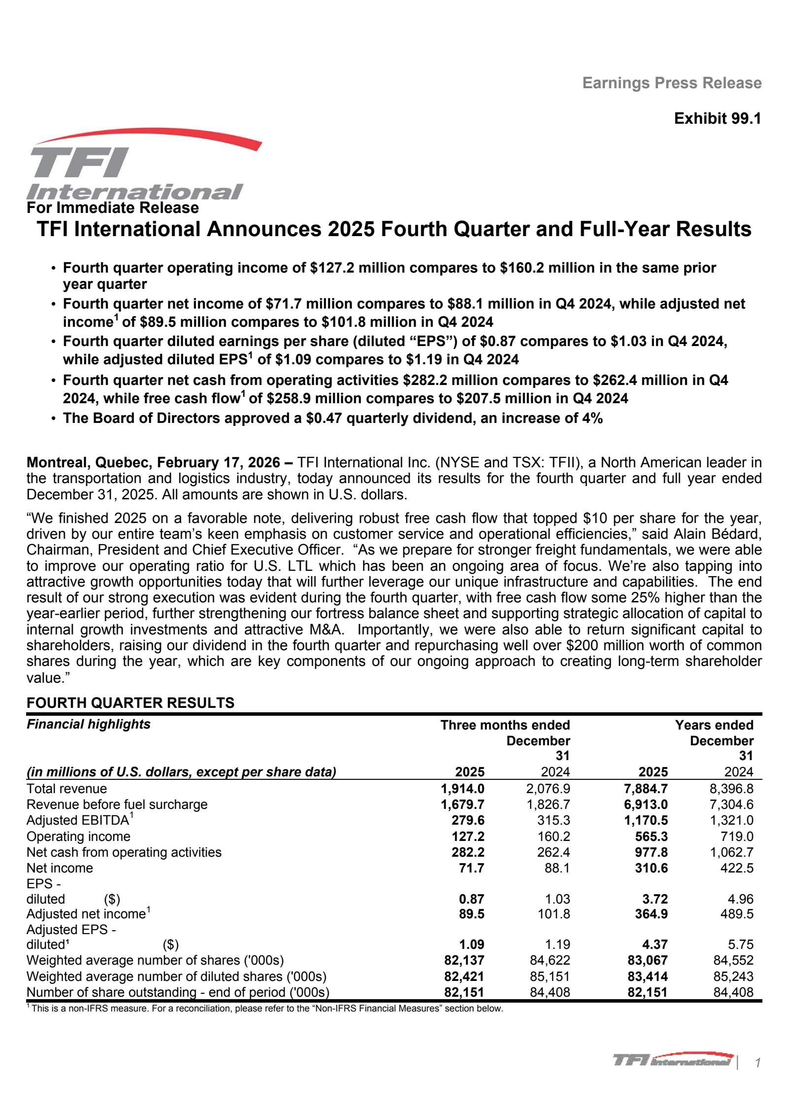 TFI International's Q4 2025 Press Release