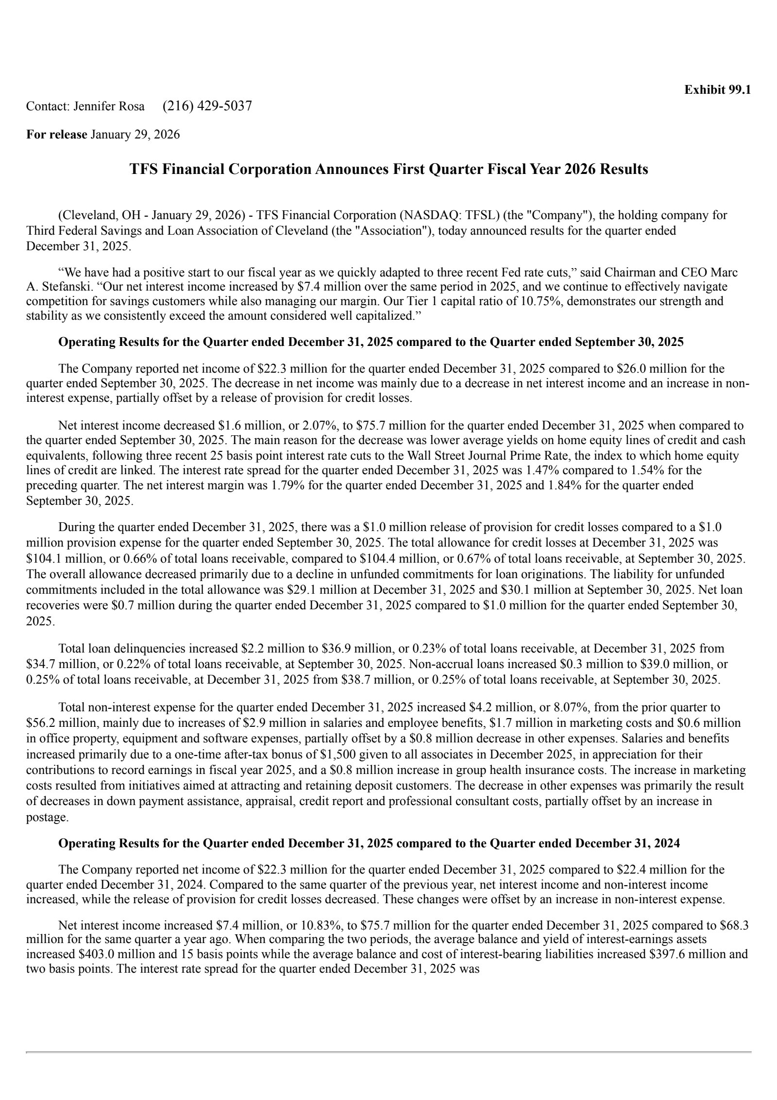 TFS Financial's Q1 2026 Press Release
