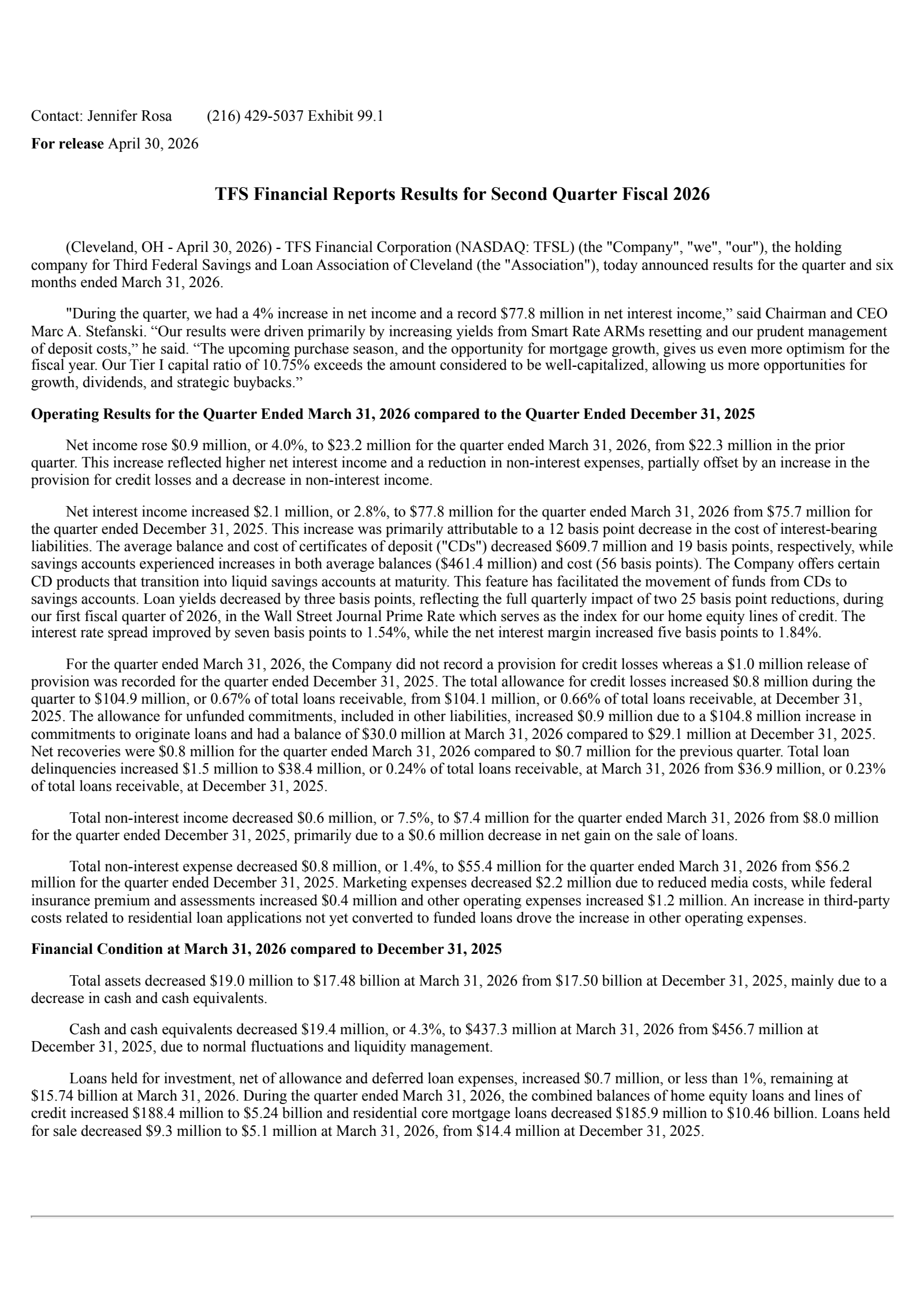 TFS Financial's Q2 2026 Press Release