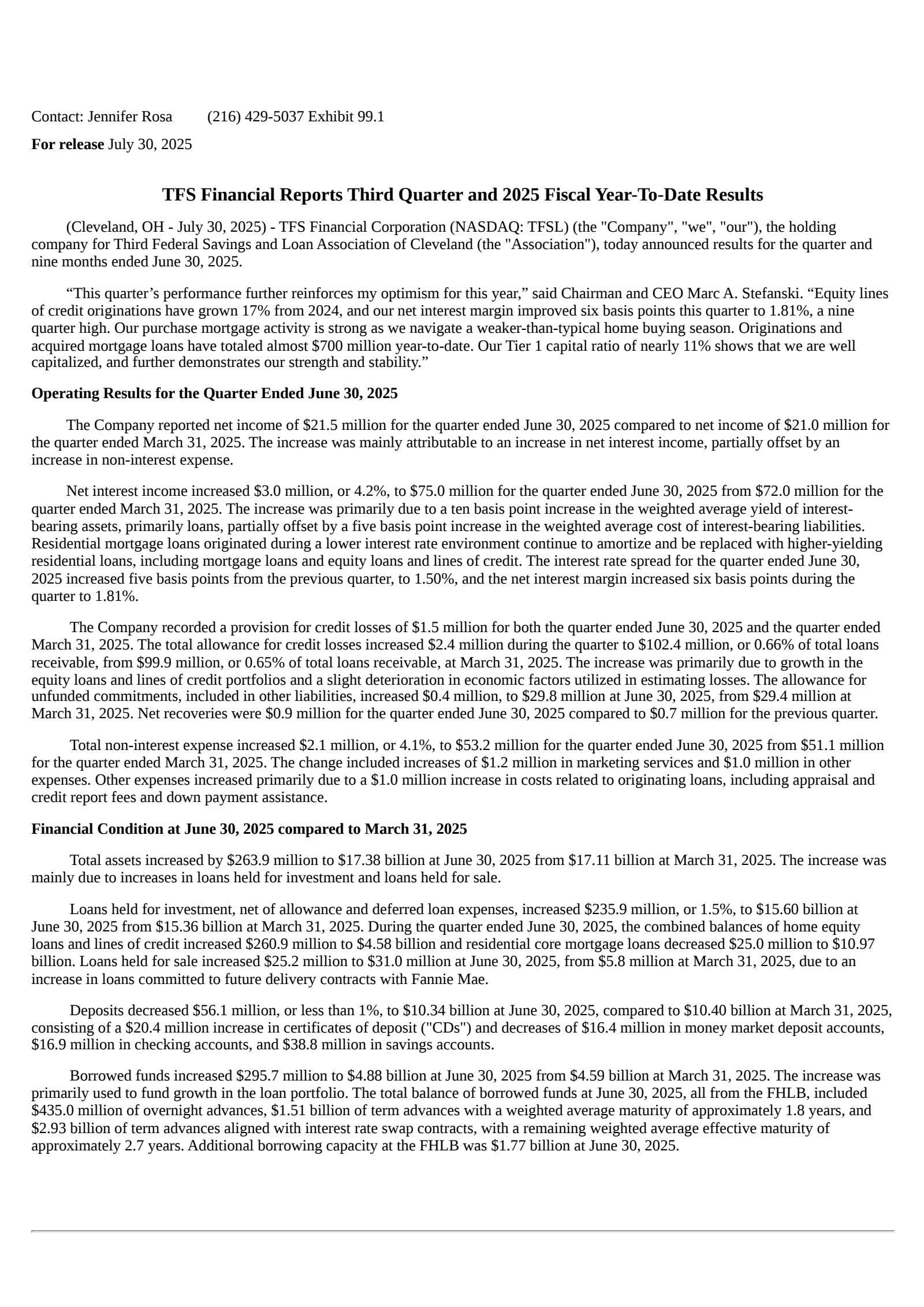 TFS Financial's Q3 2025 Press Release