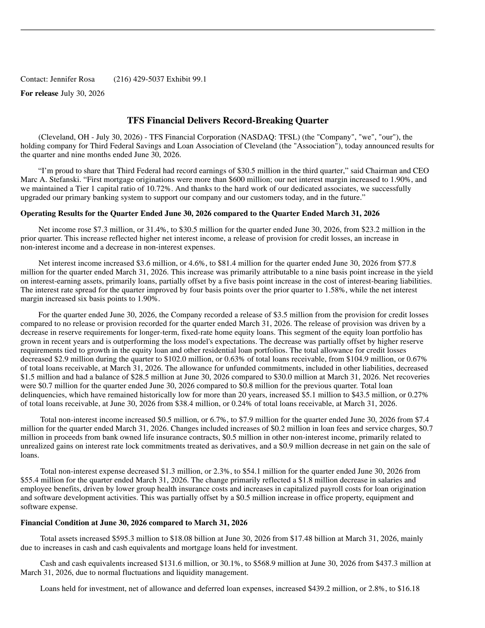 TFS Financial's Q3 2026 Press Release
