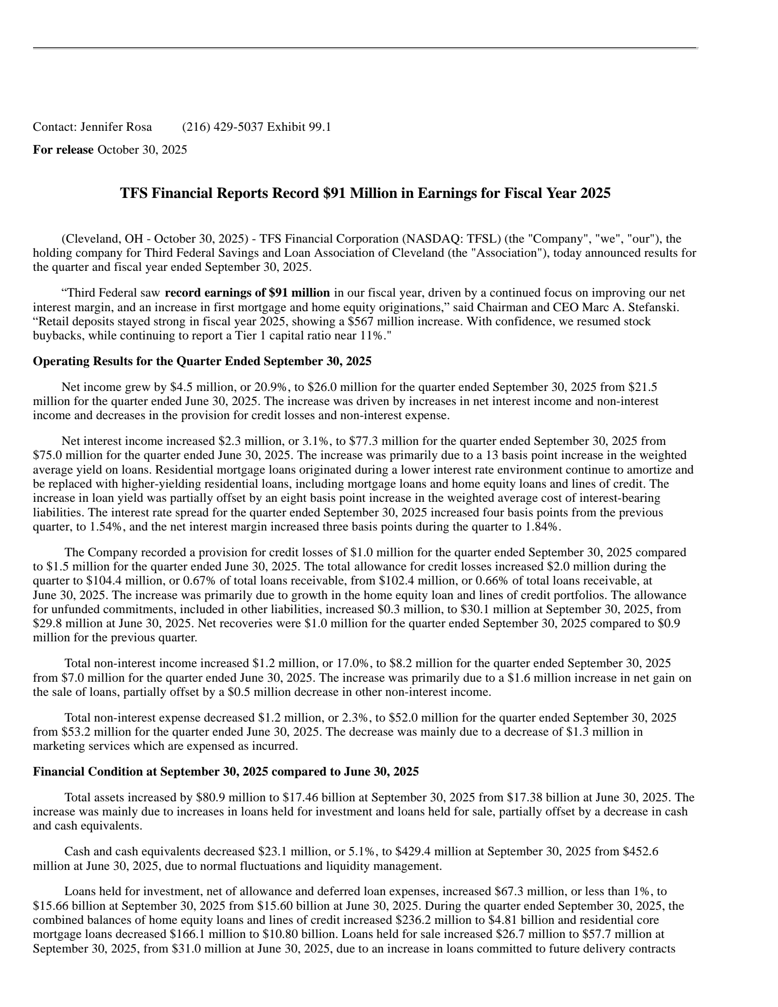 TFS Financial's Q4 2025 Earnings Release