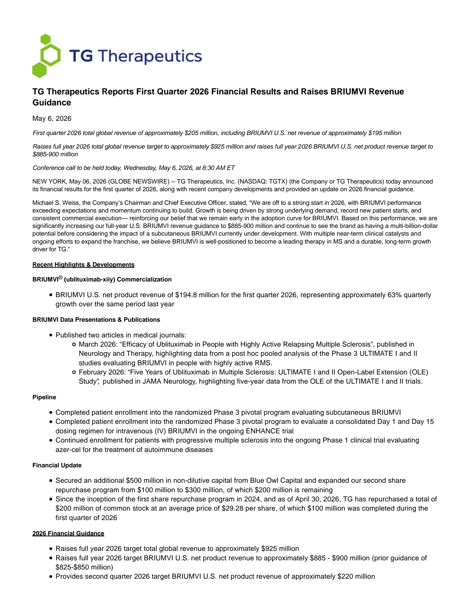 TG Therapeutics' Q1 2026 Press Release