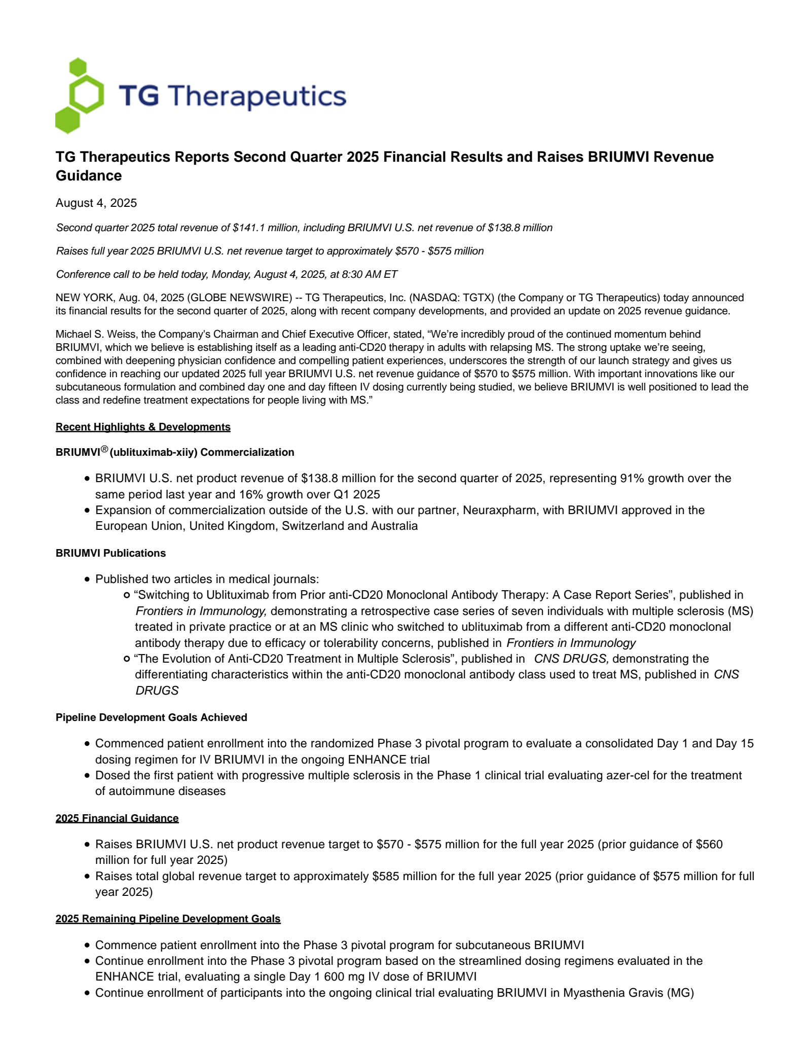 TG Therapeutics' Q2 2025 Press Release