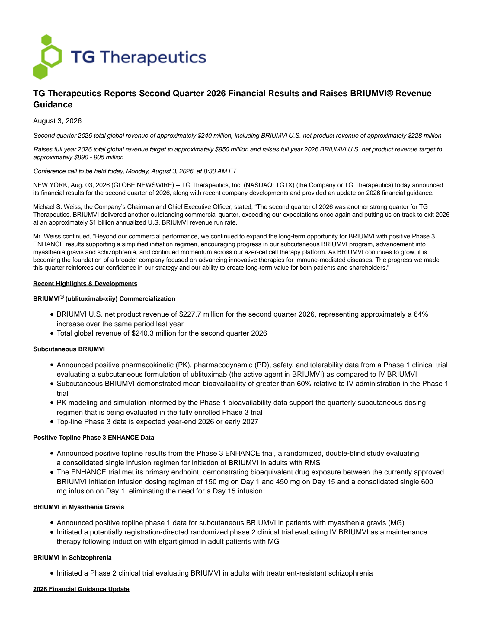 TG Therapeutics' Q2 2026 Press Release