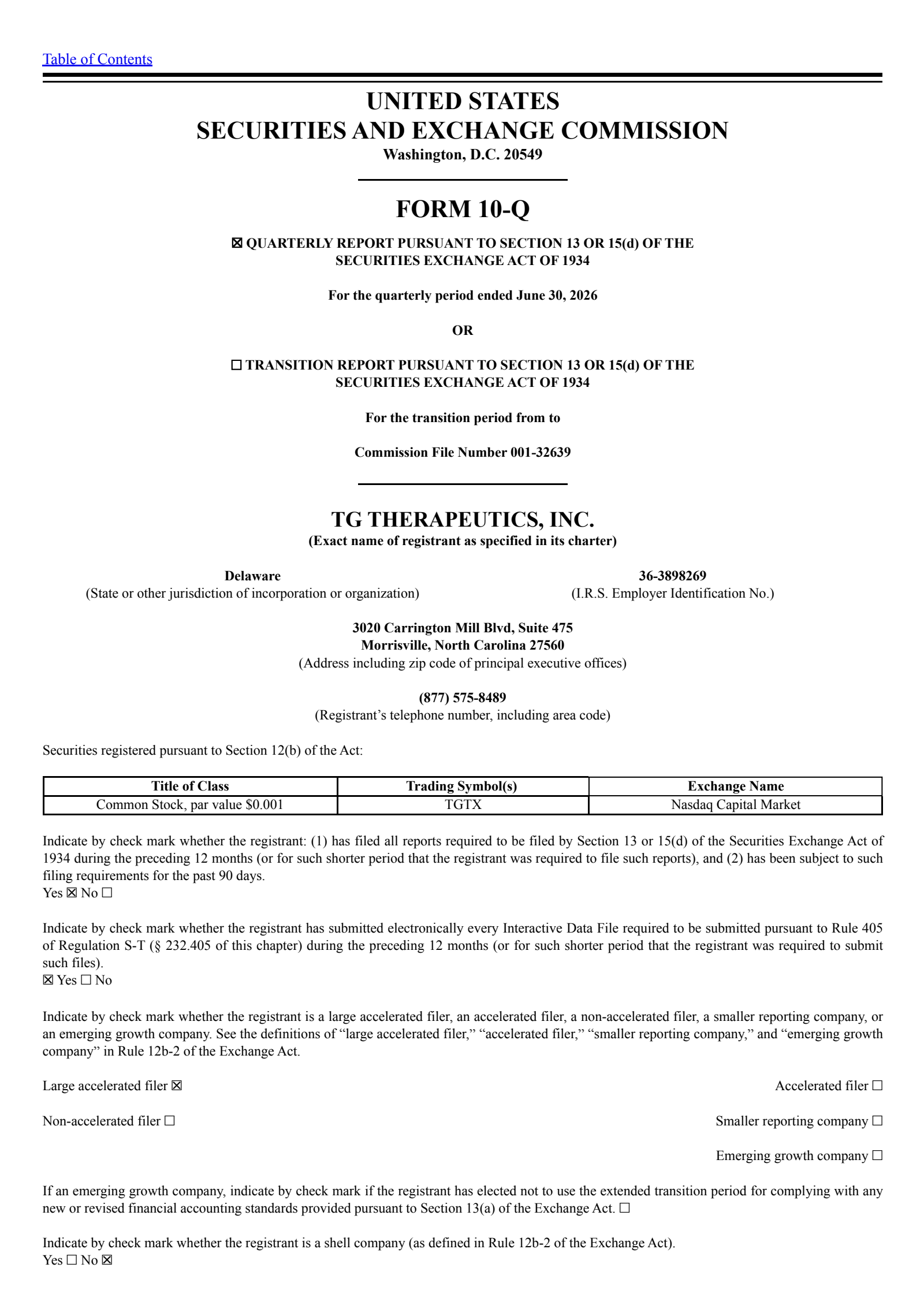 TG Therapeutics' Q2 2026 Quarterly report