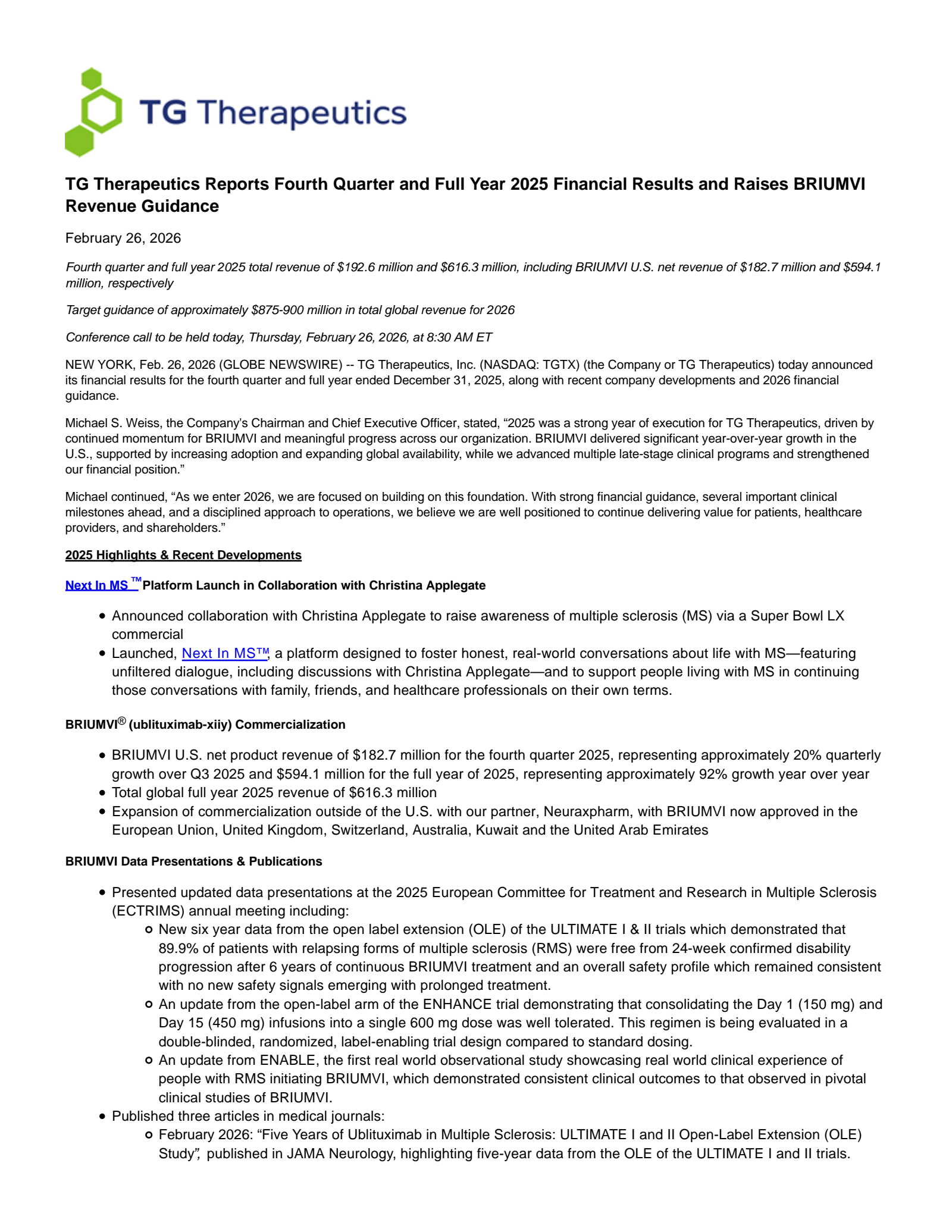 TG Therapeutics' Q4 2025 Press Release
