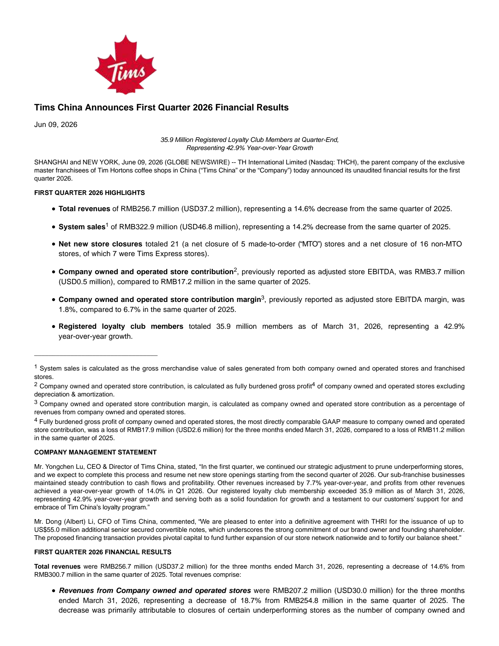 TH International's Q1 2026 Press Release