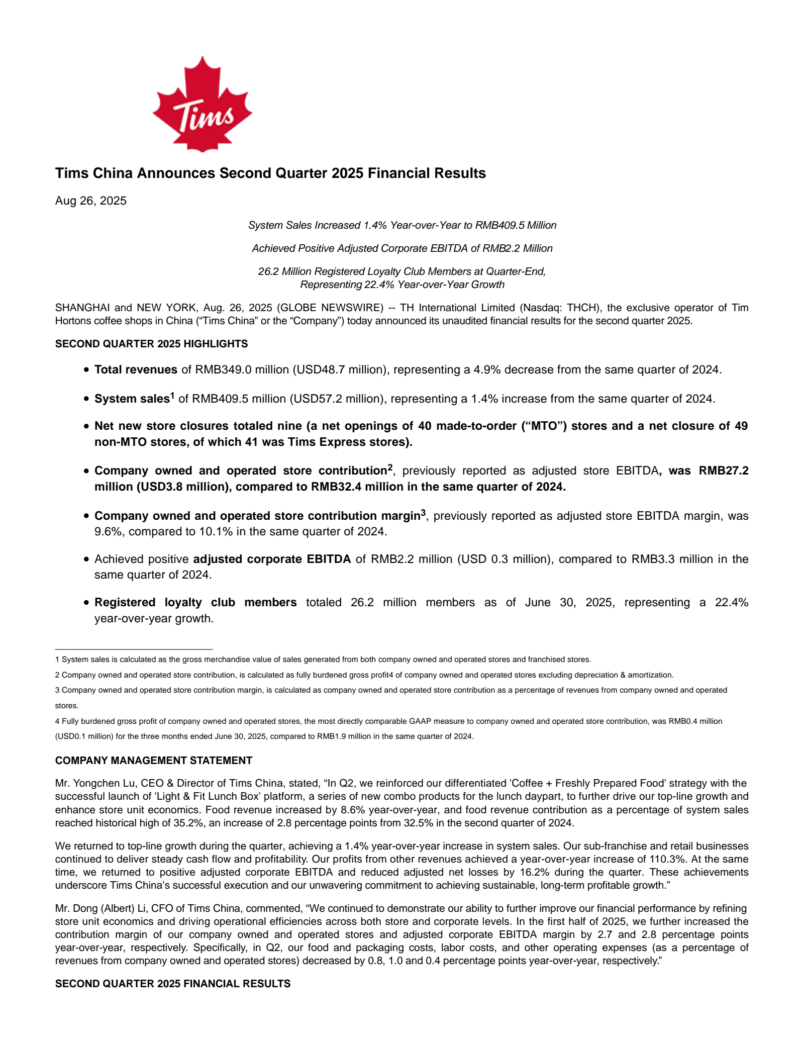 TH International's Q2 2025 Press Release