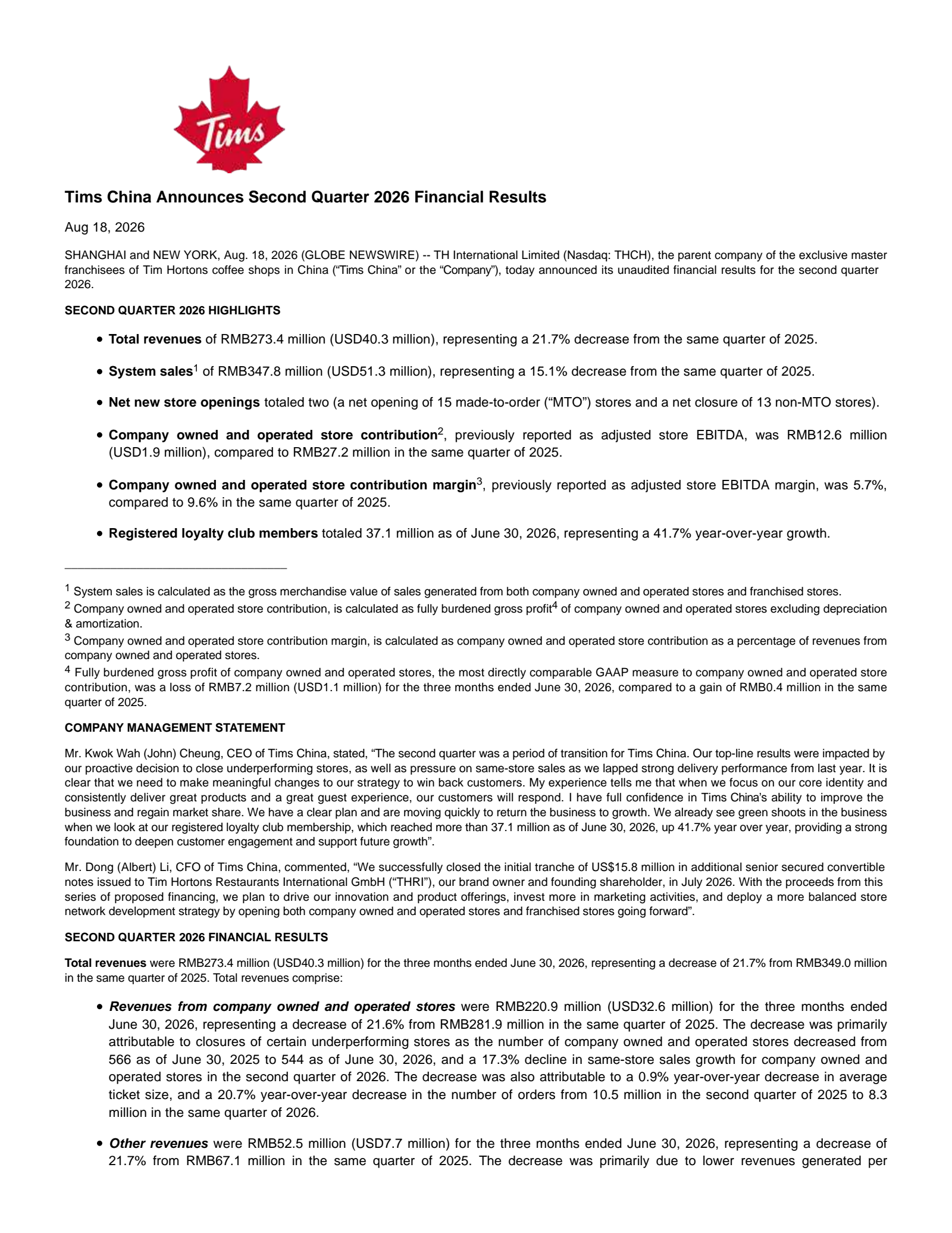 TH International's Q2 2026 Press Release
