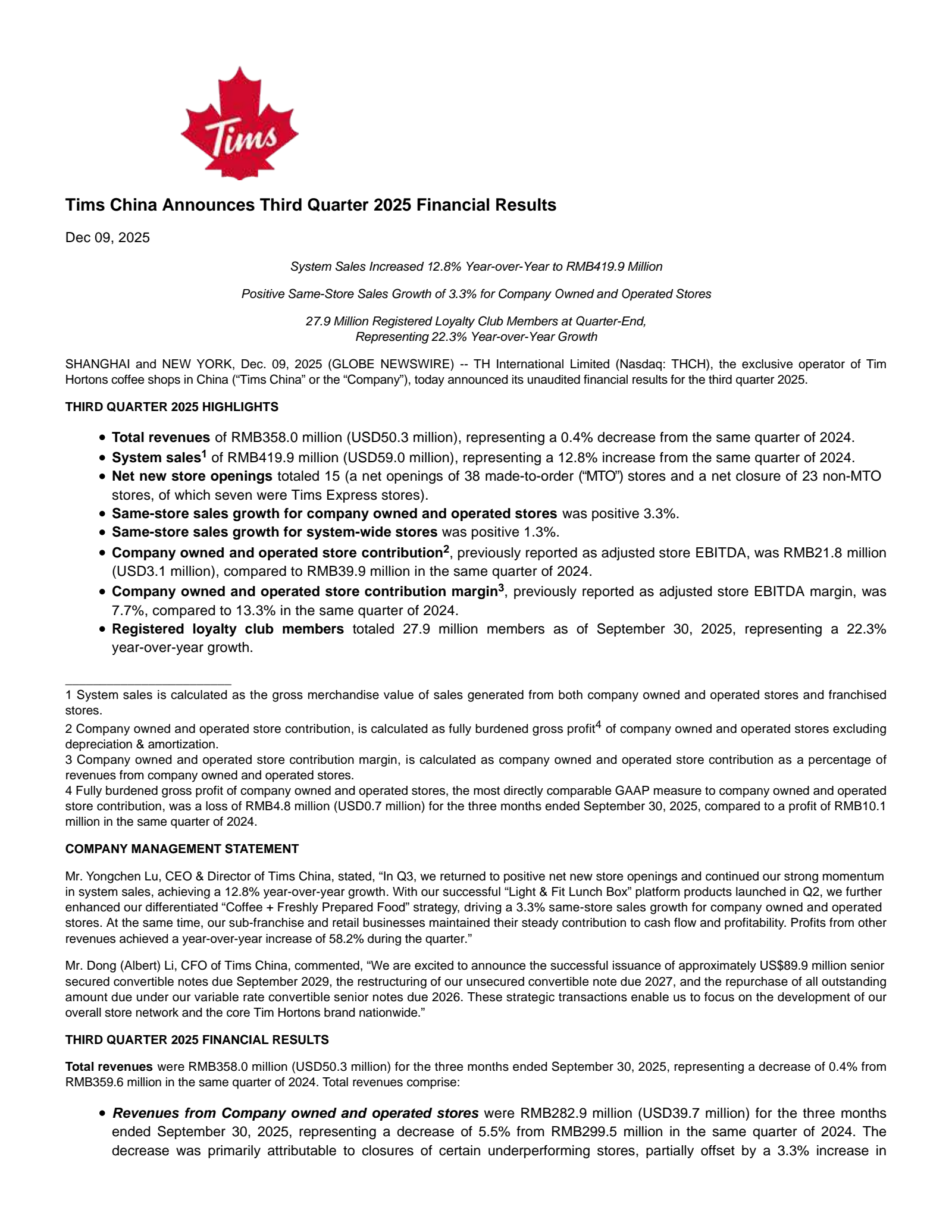 TH International's Q3 2025 Earnings Release