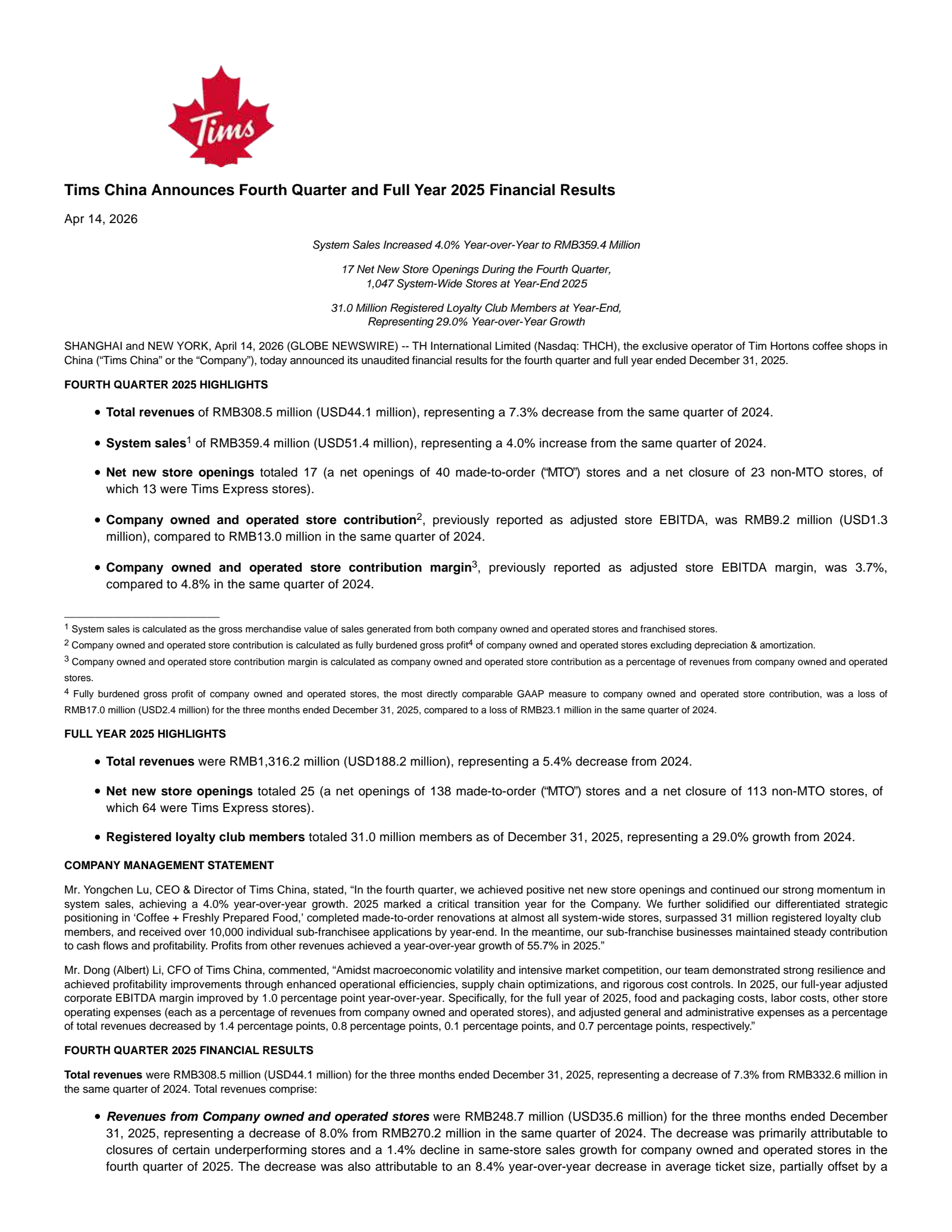 TH International's Q4 2025 Press Release