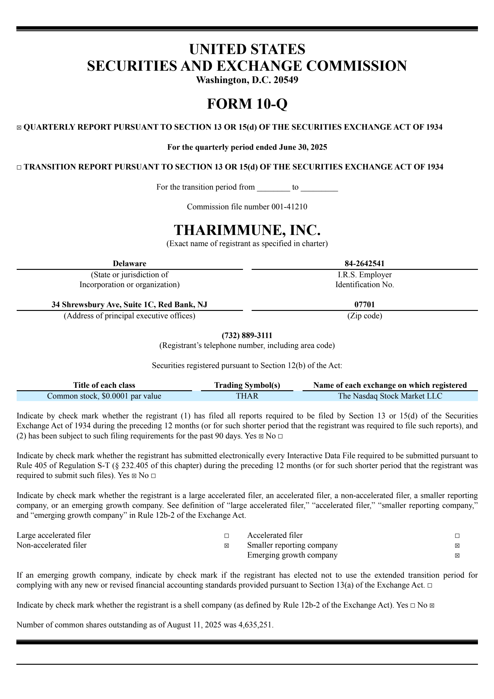 Tharimmune's Q2 2025 Quarterly report