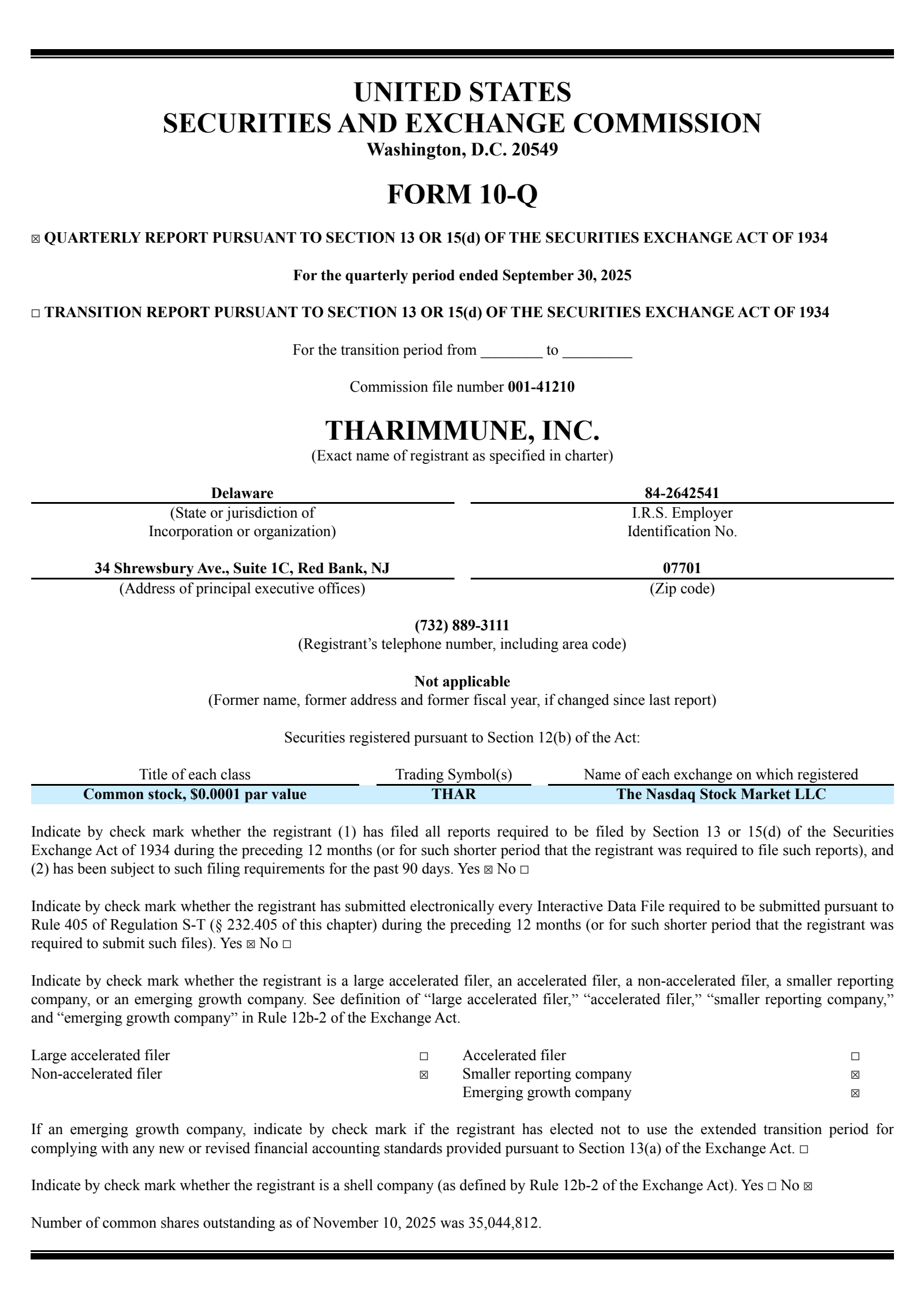 Tharimmune's Q3 2025 Quarterly Report