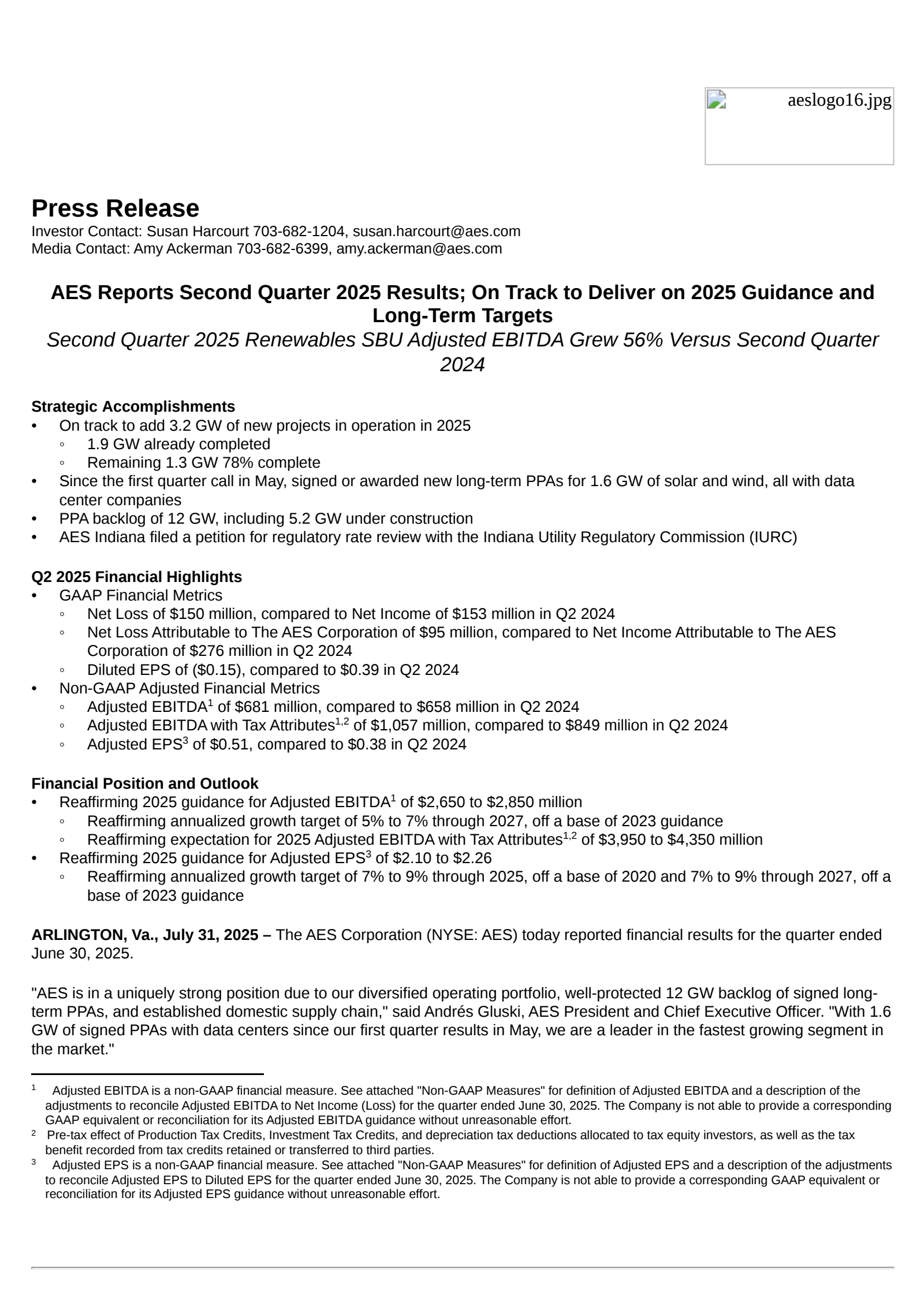 AES's Q2 2025 Press Release